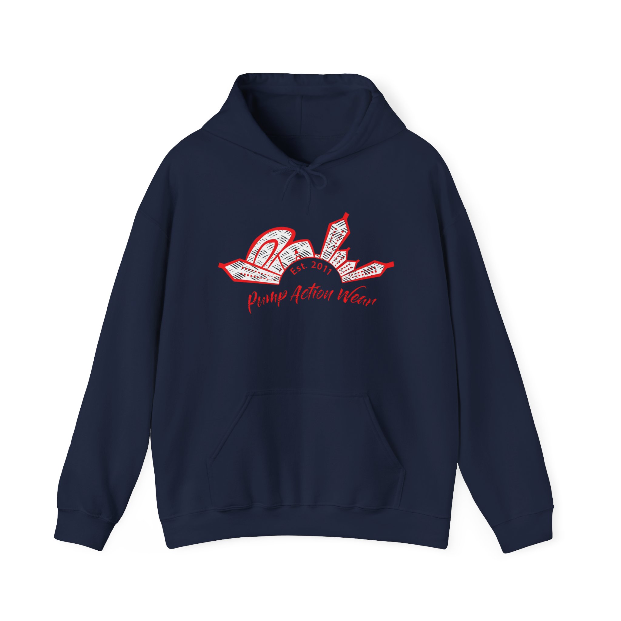 City Skyline Hoodie — 'Pump Action Weaver' Red Sketch Urban Graphic Pullover - Image 37