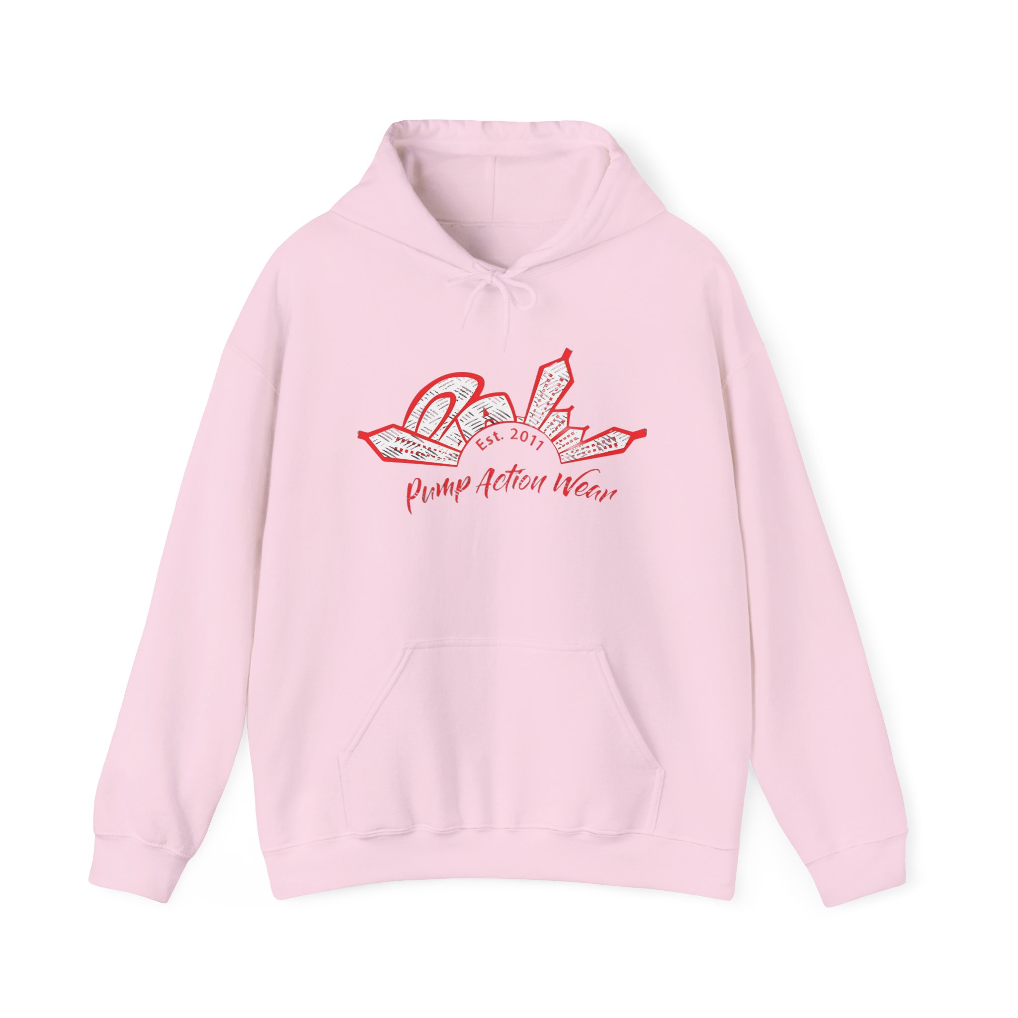 City Skyline Hoodie — 'Pump Action Weaver' Red Sketch Urban Graphic Pullover - Image 45