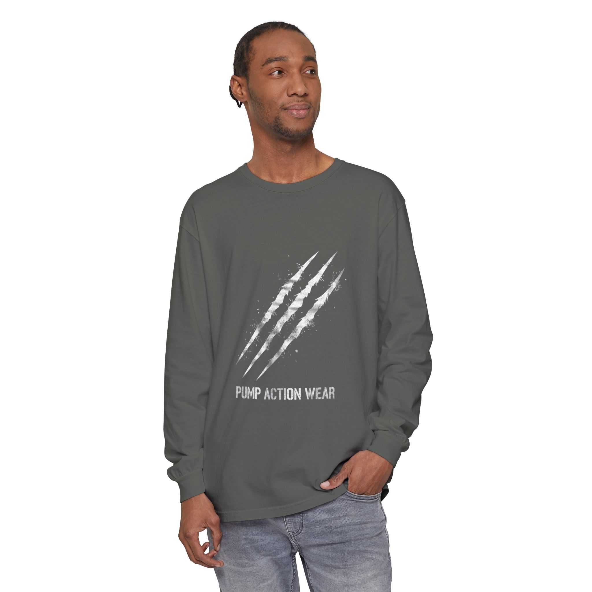 Garment-Dyed Long Sleeve Tee — 'Pure Action Wear' Distressed Claw Graphic - Image 35