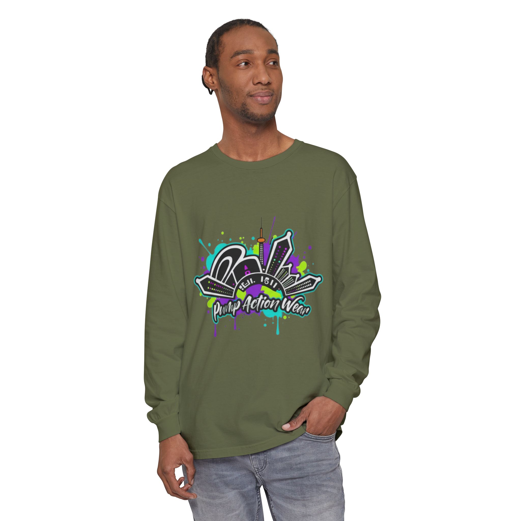 Graphic Long Sleeve T-Shirt — 'Pump Action Wear' Urban Graffiti City Design - Image 43