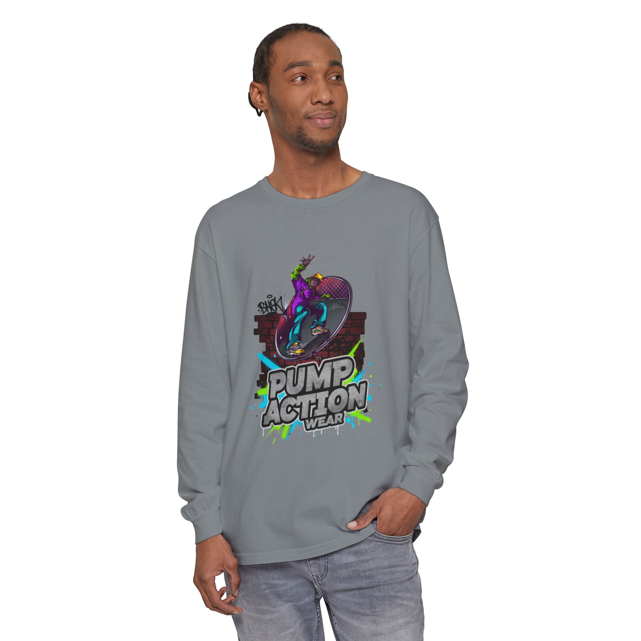 Pump Action Skateboard Long Sleeve Tee — Neon Skate Graphic - Image 55