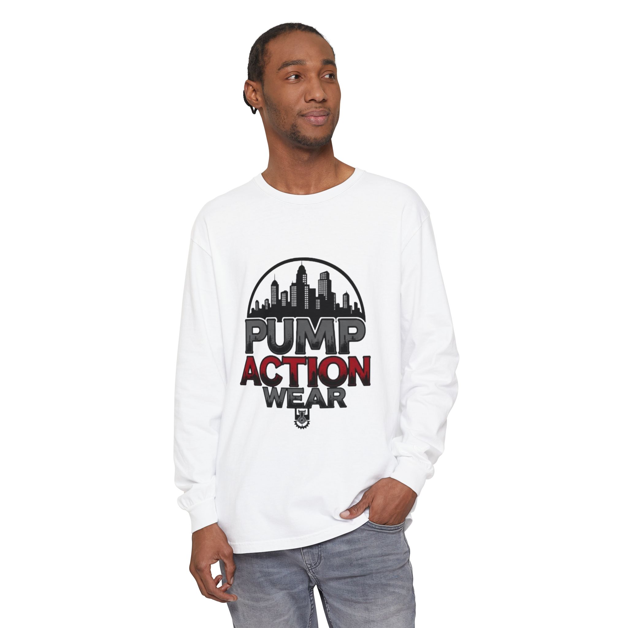 Pump Action Wear Long Sleeve Tee – Urban Skyline Graphic - Image 3