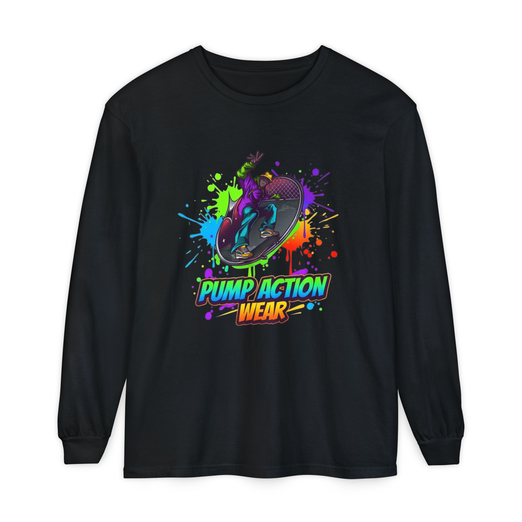 Long Sleeve T-Shirt — "Pump Action Wear" Paint-Splash Skate Graphic - Image 49