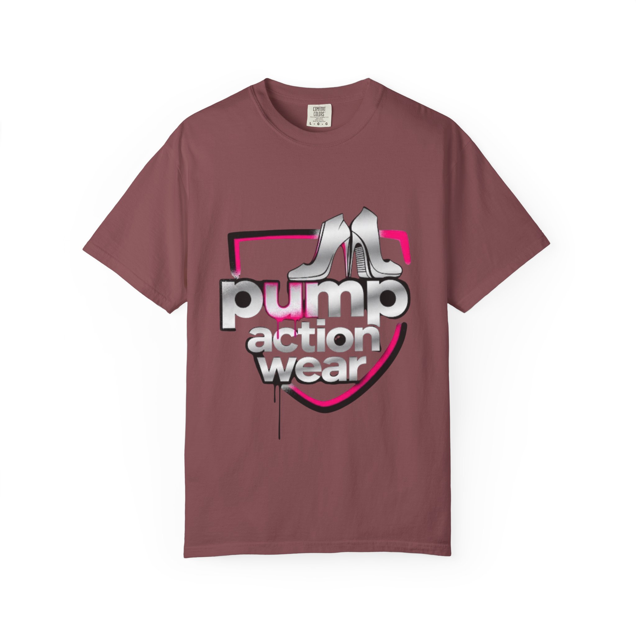 Pump Action Wear T-Shirt — Retro Metallic Heels Logo Tee - Image 5