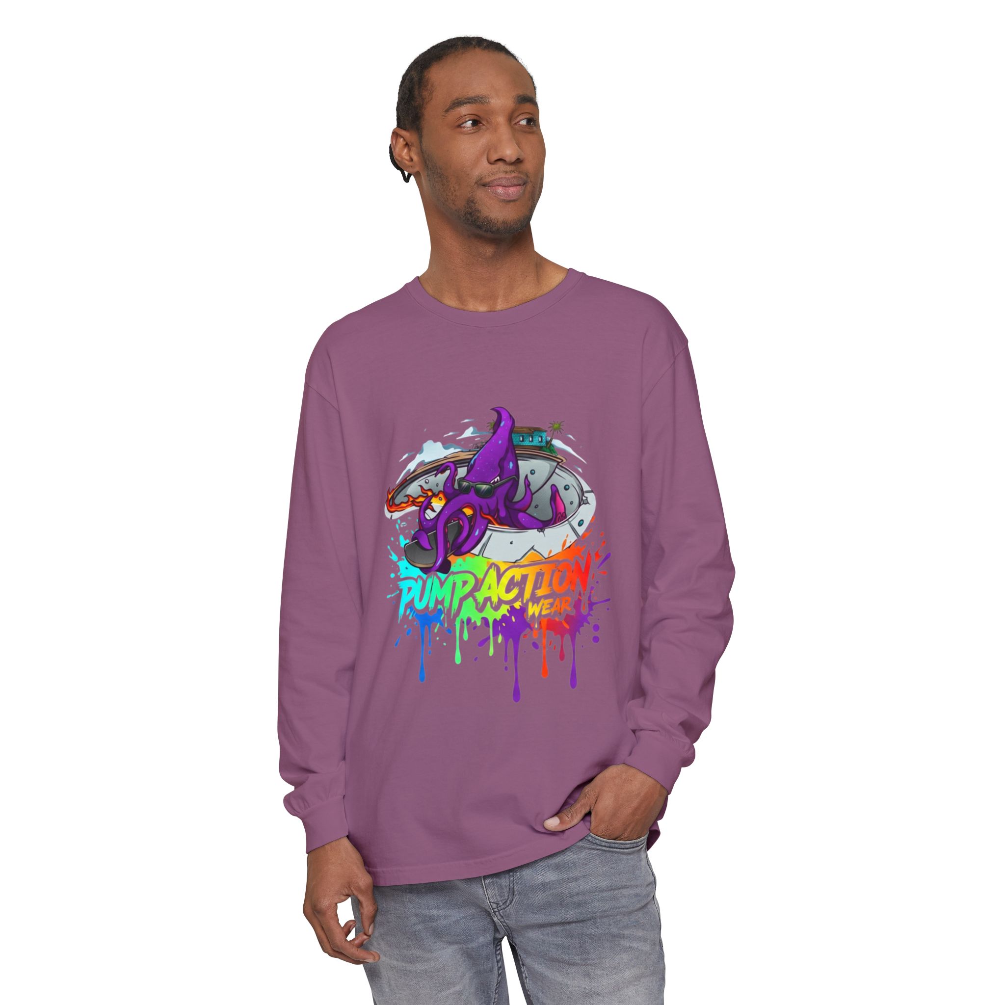 Long Sleeve T‑Shirt — 'Pump Action' Colorful Octopus Skate Graphic - Image 67