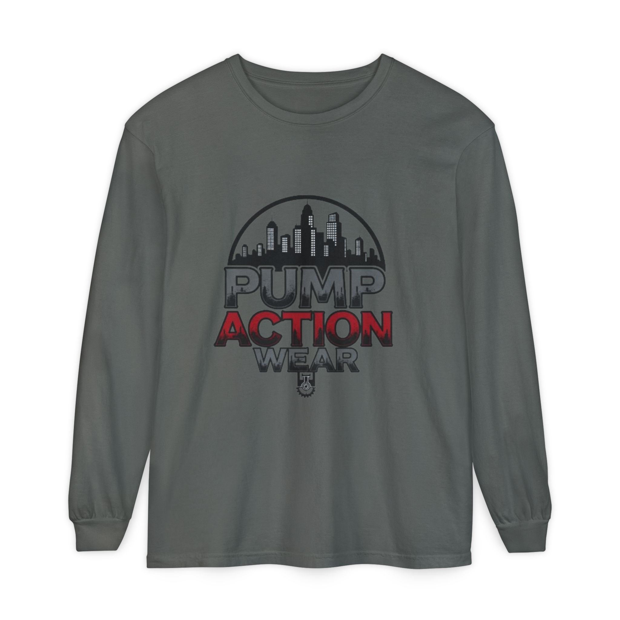 Pump Action Wear Long Sleeve Tee – Urban Skyline Graphic - Image 37