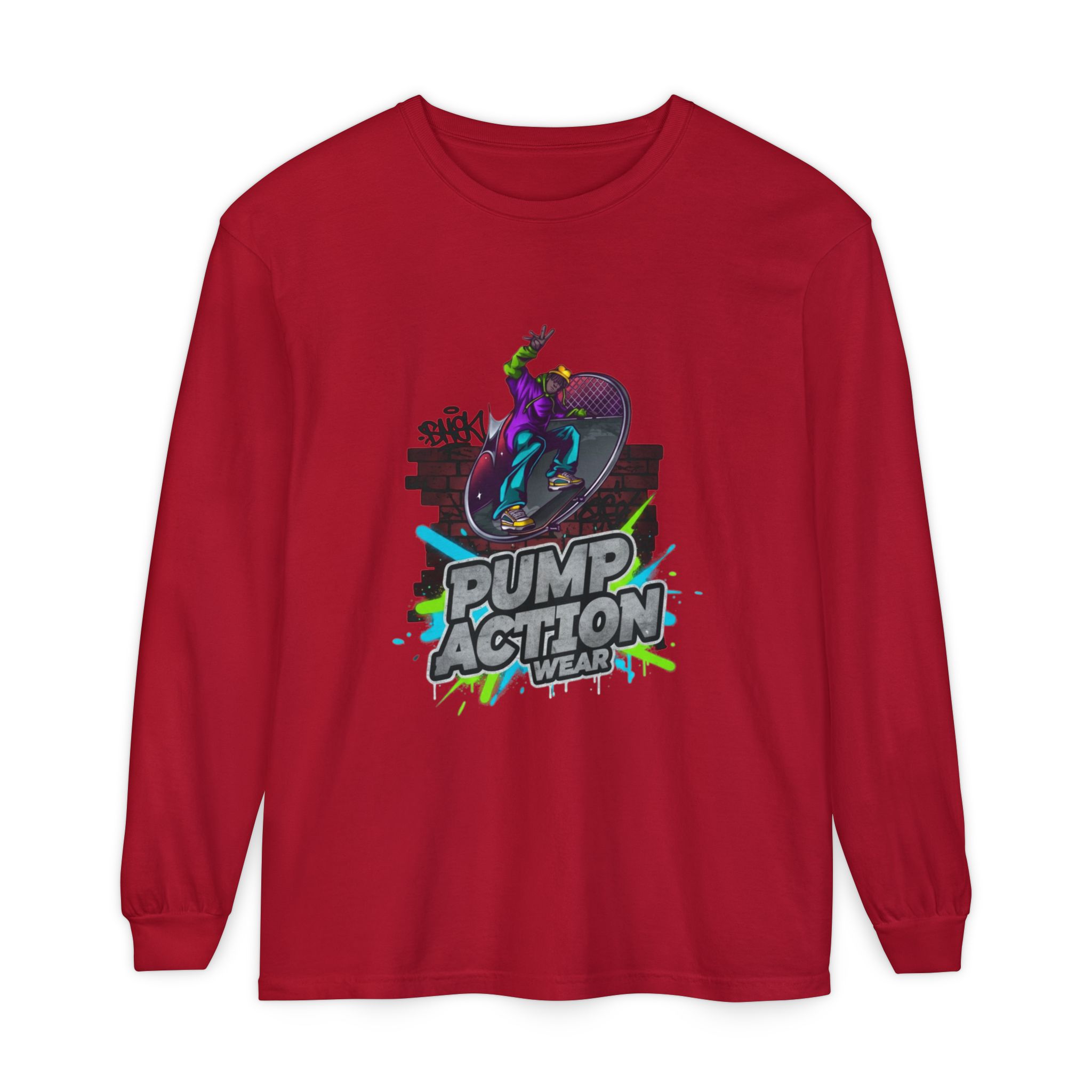 Pump Action Skateboard Long Sleeve Tee — Neon Skate Graphic - Image 65