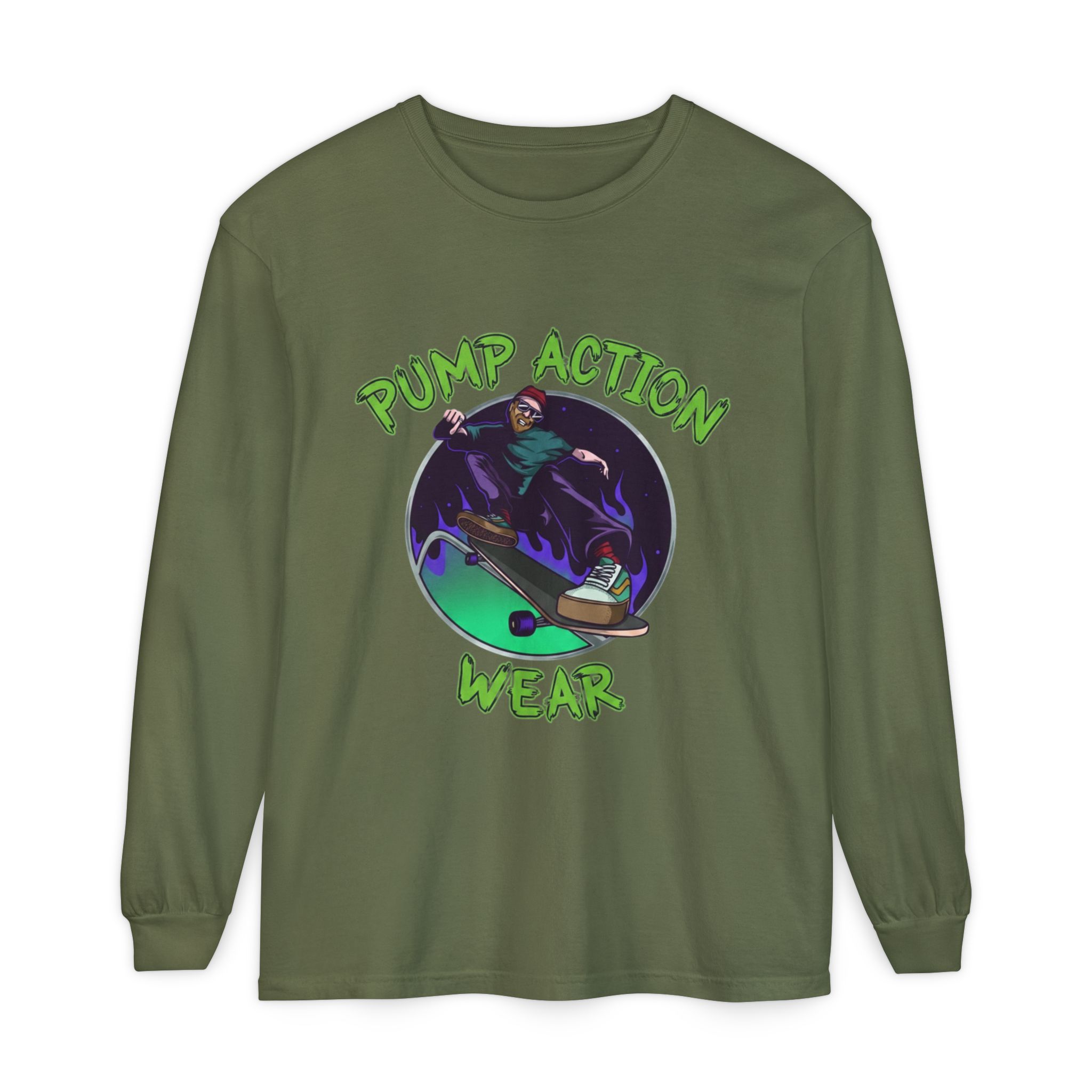 Skateboarder Graphic Long Sleeve Tee — "Pump Action Wear" - Image 41