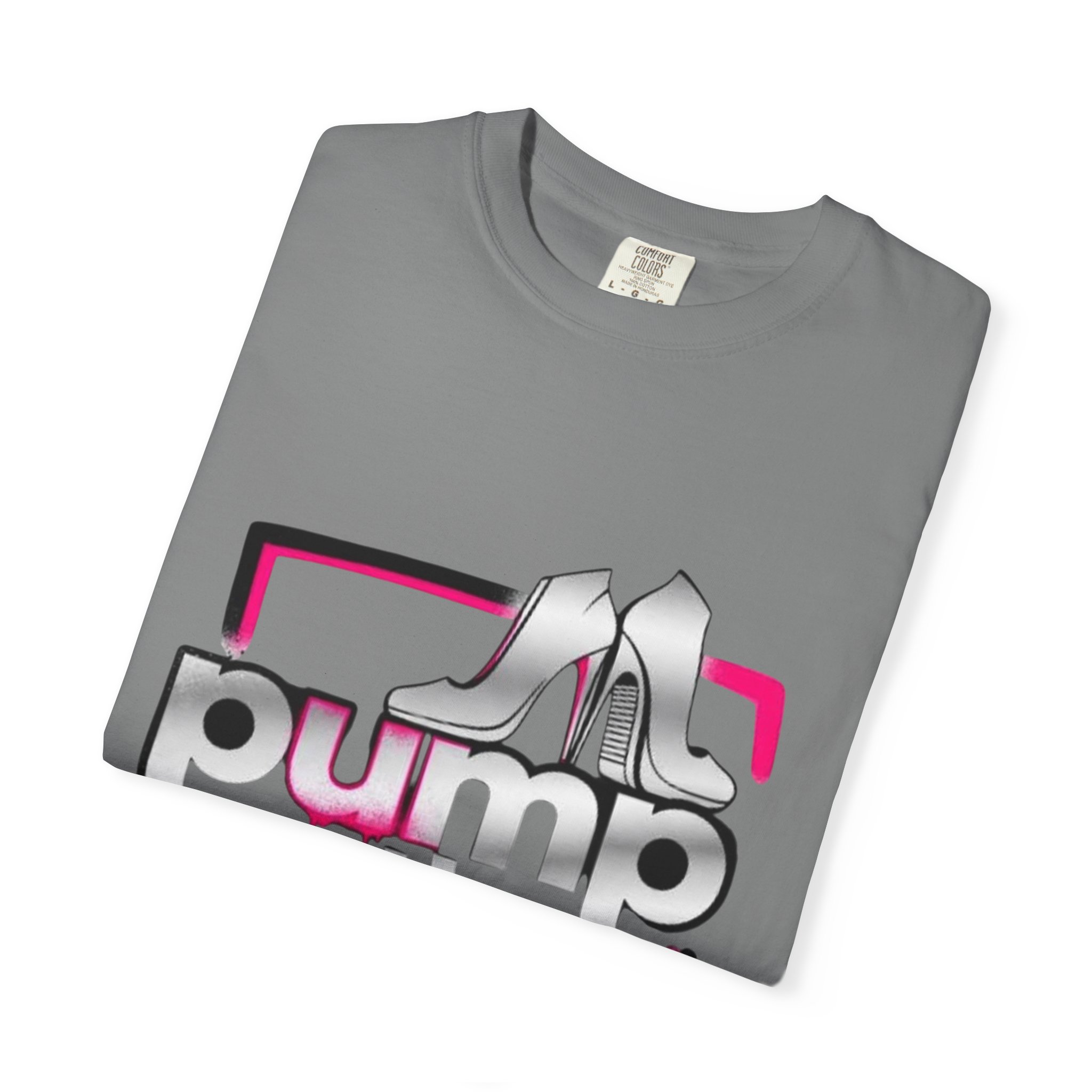 Pump Action Wear T-Shirt — Retro Metallic Heels Logo Tee - Image 23