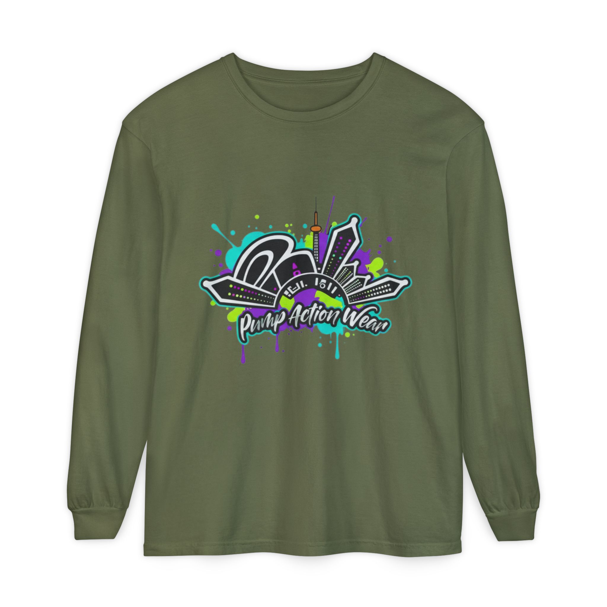 Graphic Long Sleeve T-Shirt — 'Pump Action Wear' Urban Graffiti City Design - Image 41