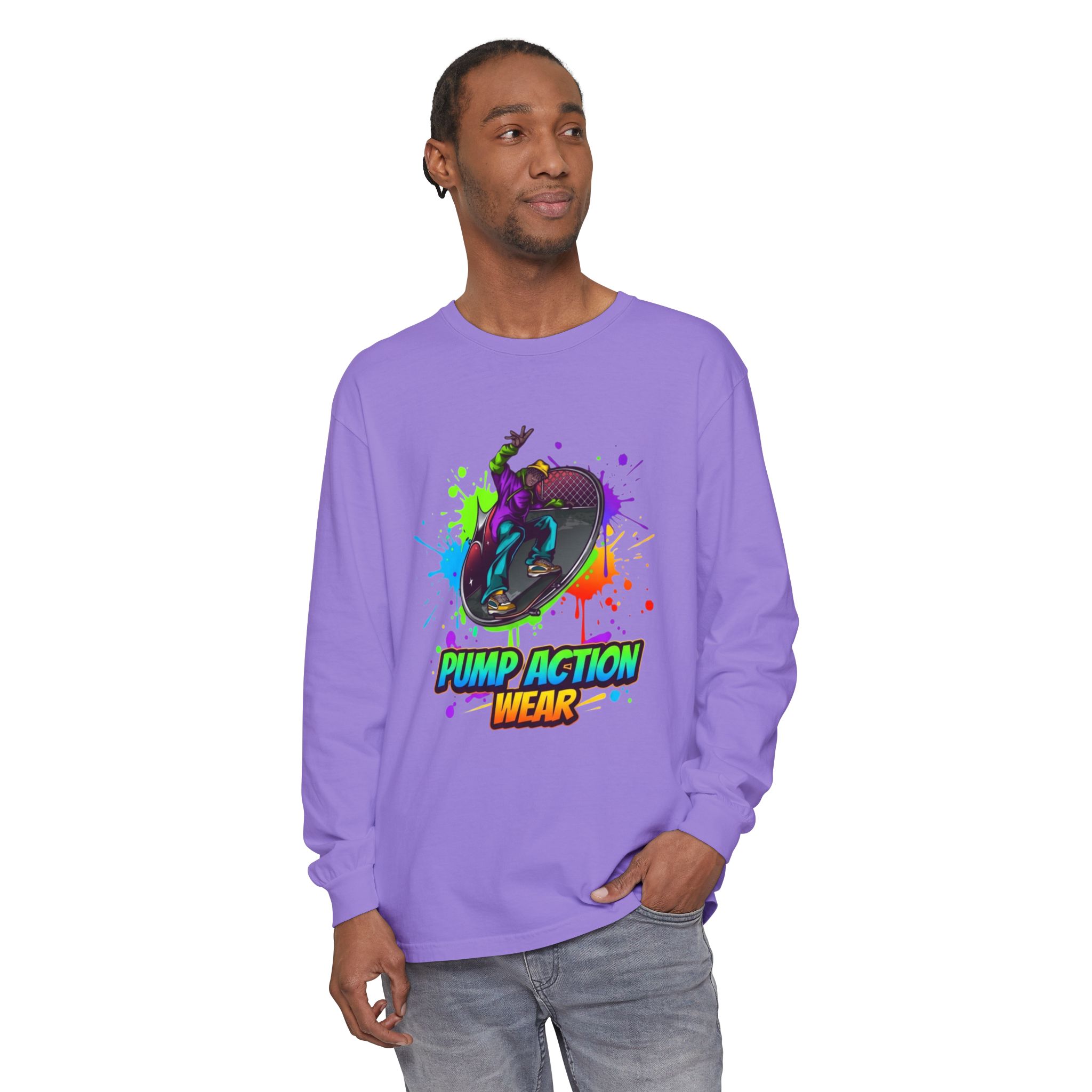 Long Sleeve T-Shirt — "Pump Action Wear" Paint-Splash Skate Graphic - Image 55