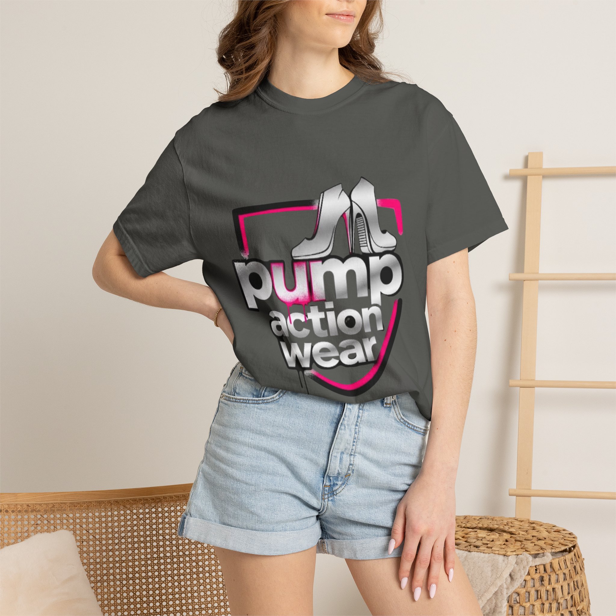 Pump Action Wear T-Shirt — Retro Metallic Heels Logo Tee - Image 20