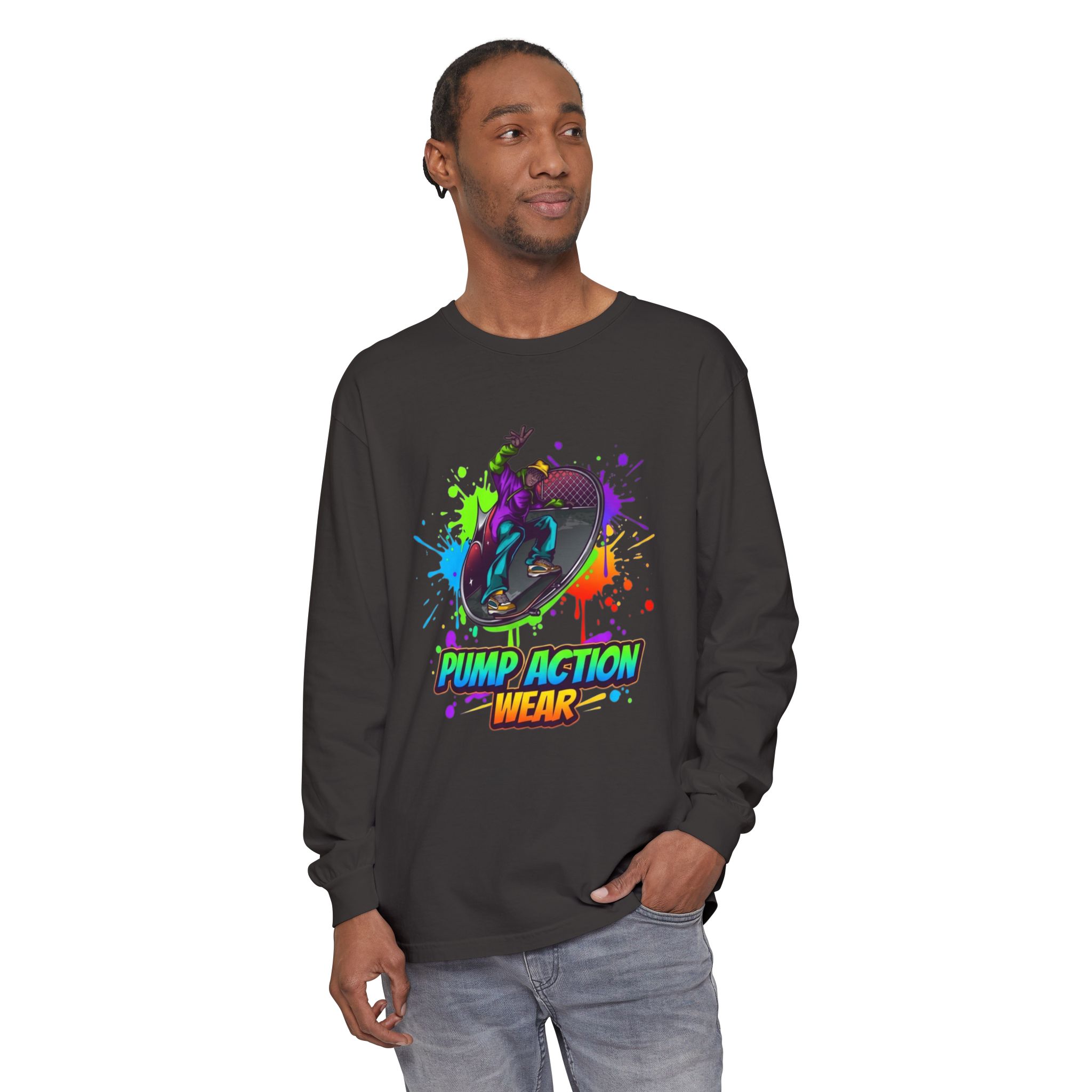 Long Sleeve T-Shirt — "Pump Action Wear" Paint-Splash Skate Graphic - Image 47