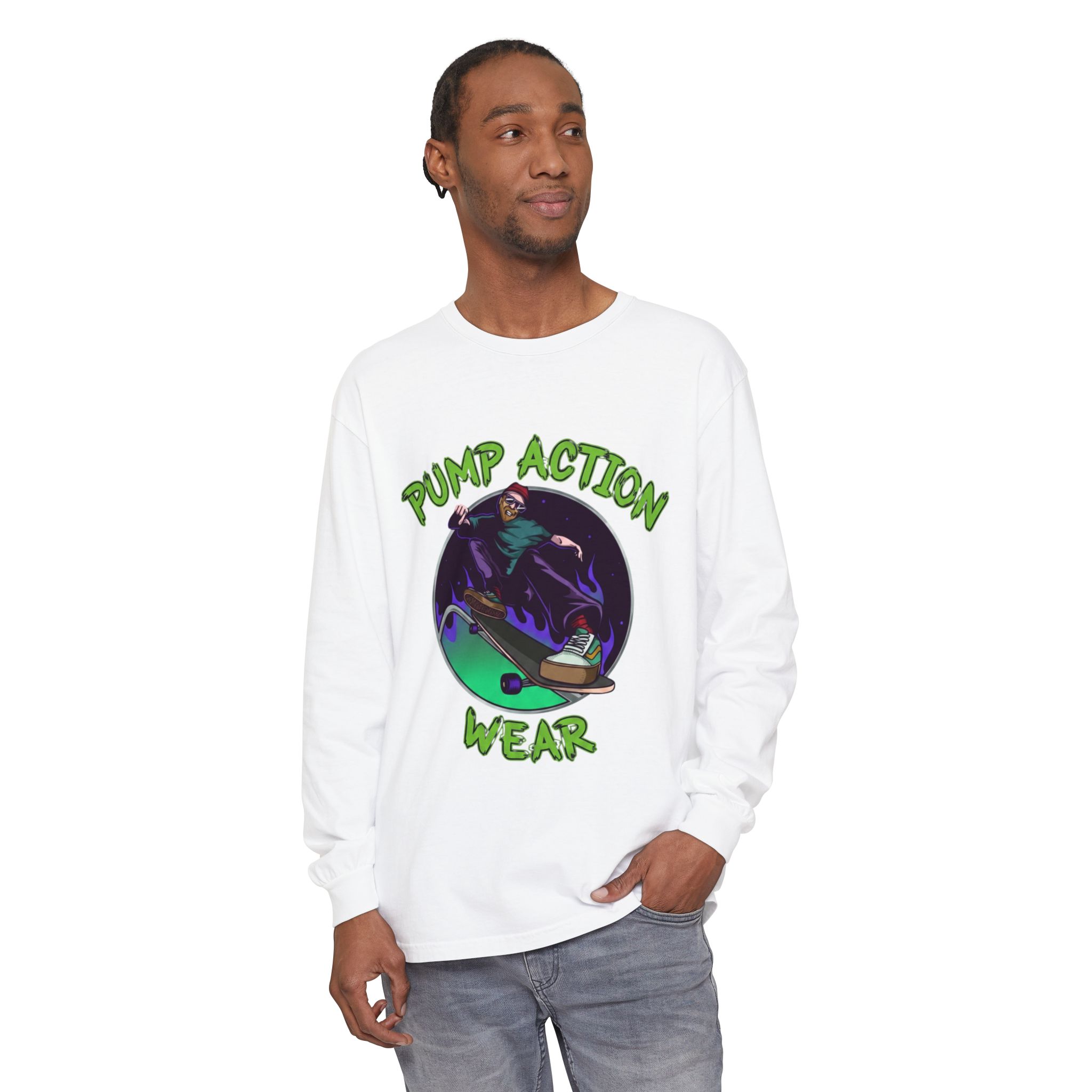 Skateboarder Graphic Long Sleeve Tee — "Pump Action Wear" - Image 3