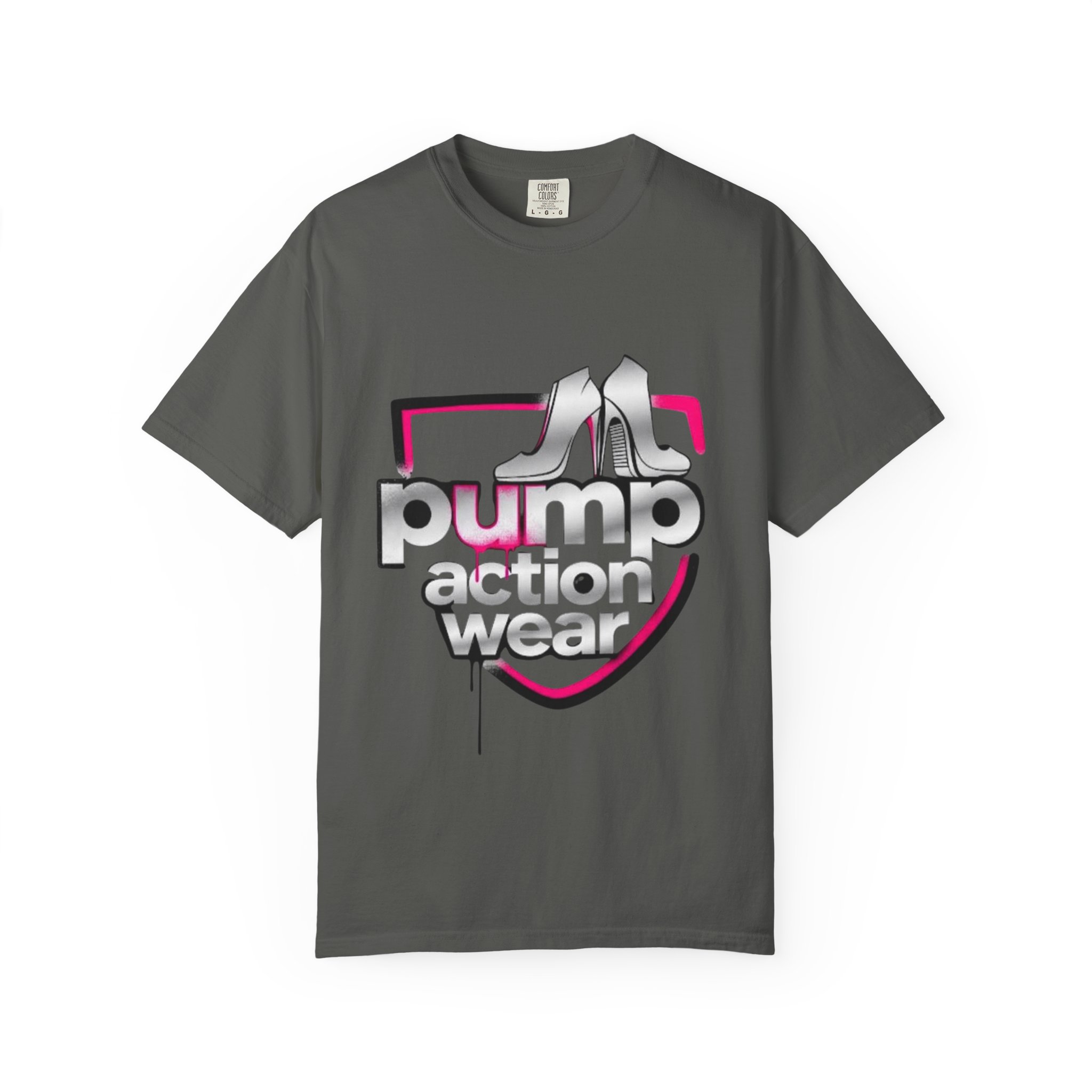 Pump Action Wear T-Shirt — Retro Metallic Heels Logo Tee - Image 17