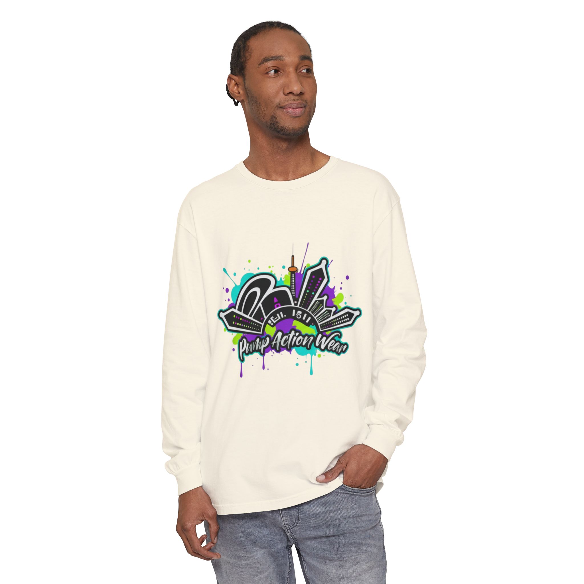 Graphic Long Sleeve T-Shirt — 'Pump Action Wear' Urban Graffiti City Design - Image 19