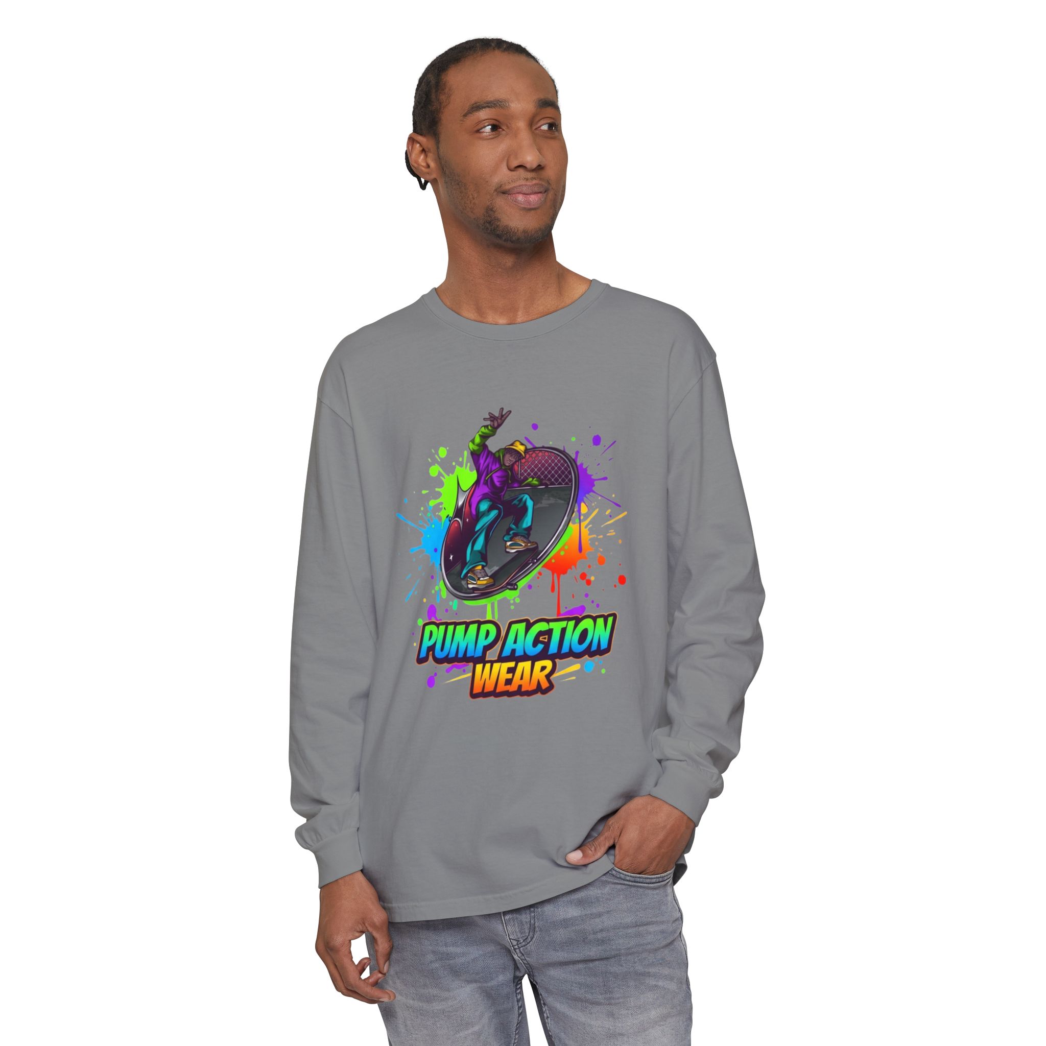 Long Sleeve T-Shirt — "Pump Action Wear" Paint-Splash Skate Graphic - Image 31