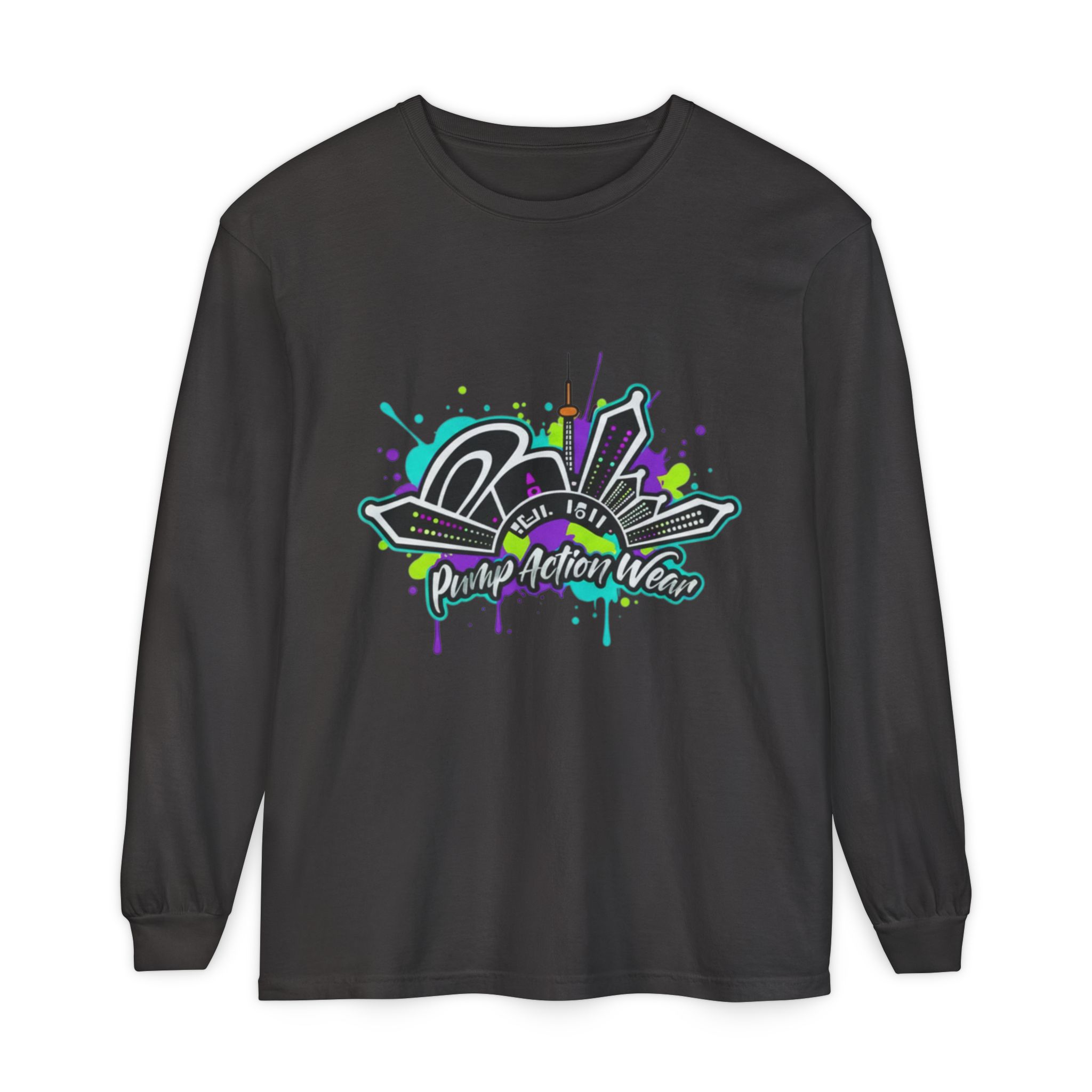 Graphic Long Sleeve T-Shirt — 'Pump Action Wear' Urban Graffiti City Design - Image 53