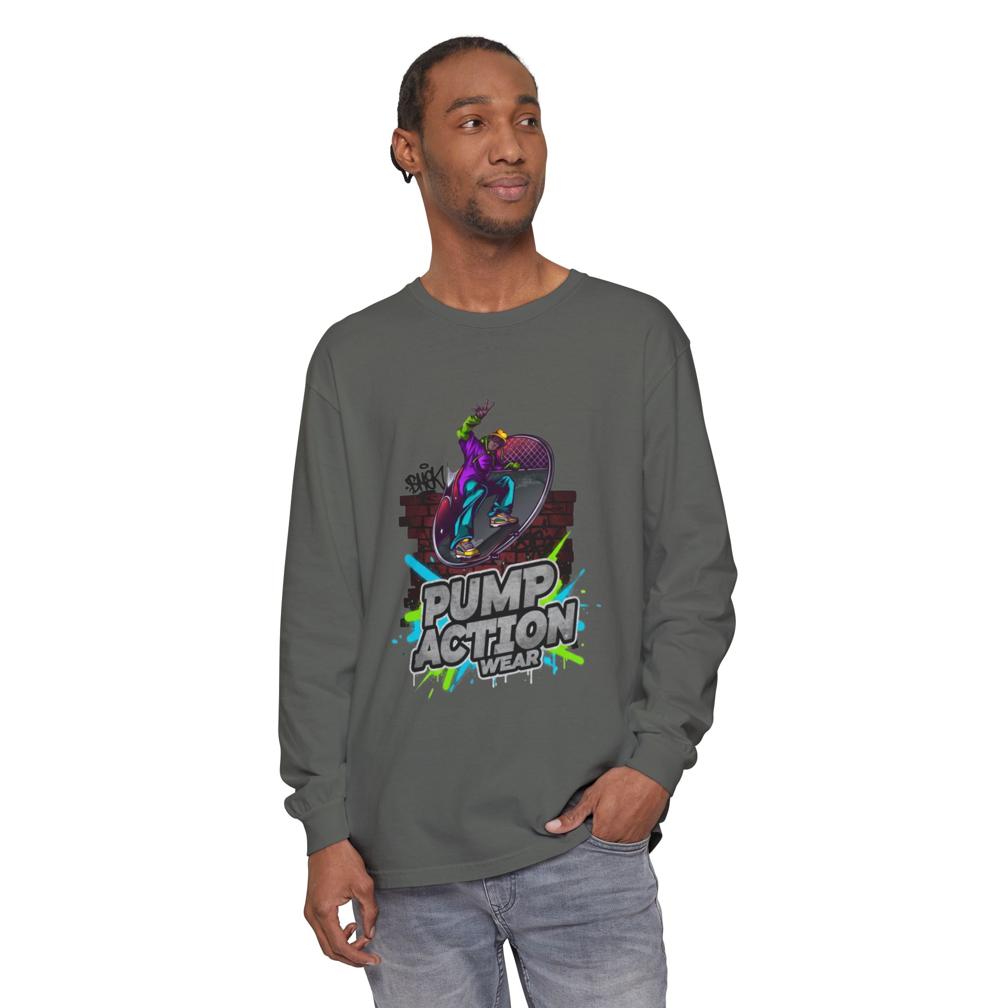 Pump Action Skateboard Long Sleeve Tee — Neon Skate Graphic - Image 39