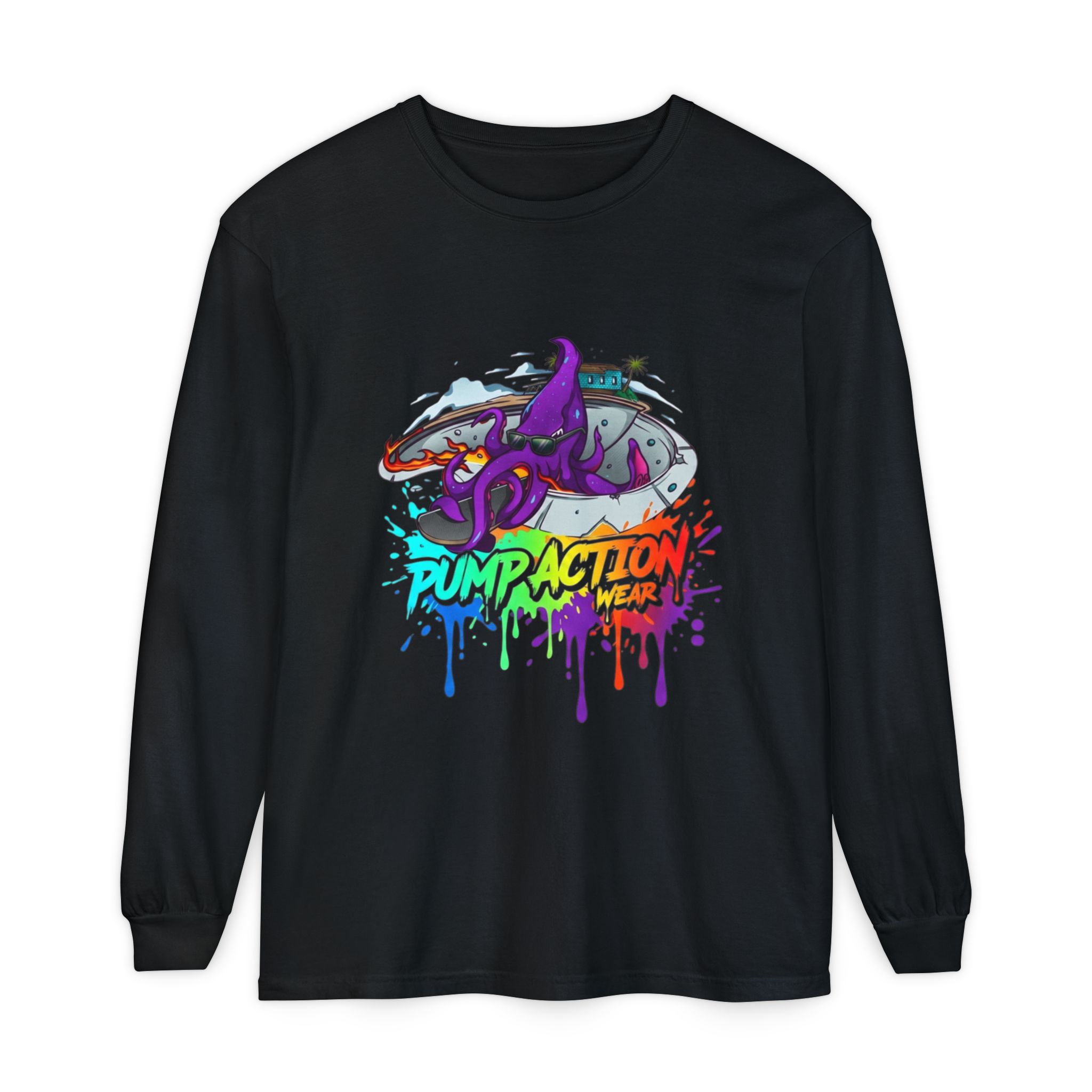 Long Sleeve T‑Shirt — 'Pump Action' Colorful Octopus Skate Graphic - Image 49