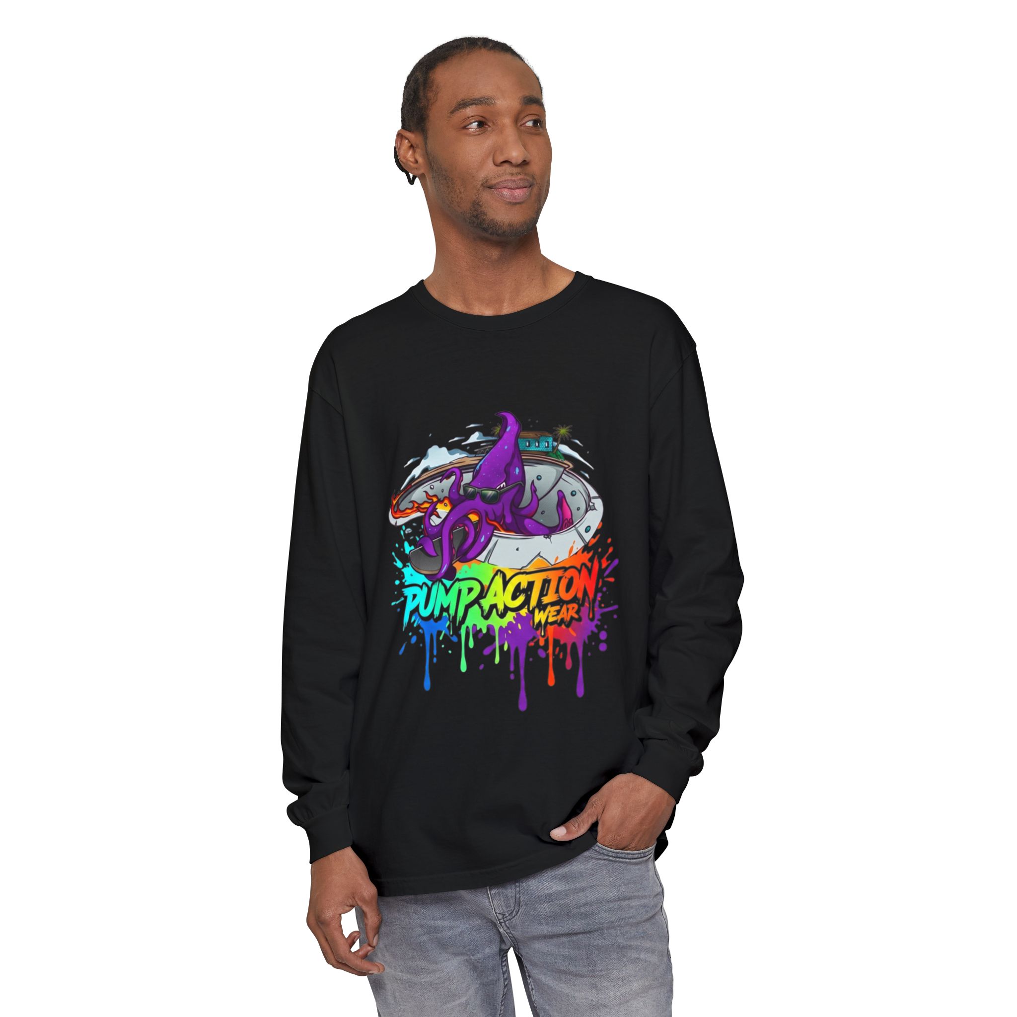 Long Sleeve T‑Shirt — 'Pump Action' Colorful Octopus Skate Graphic - Image 51