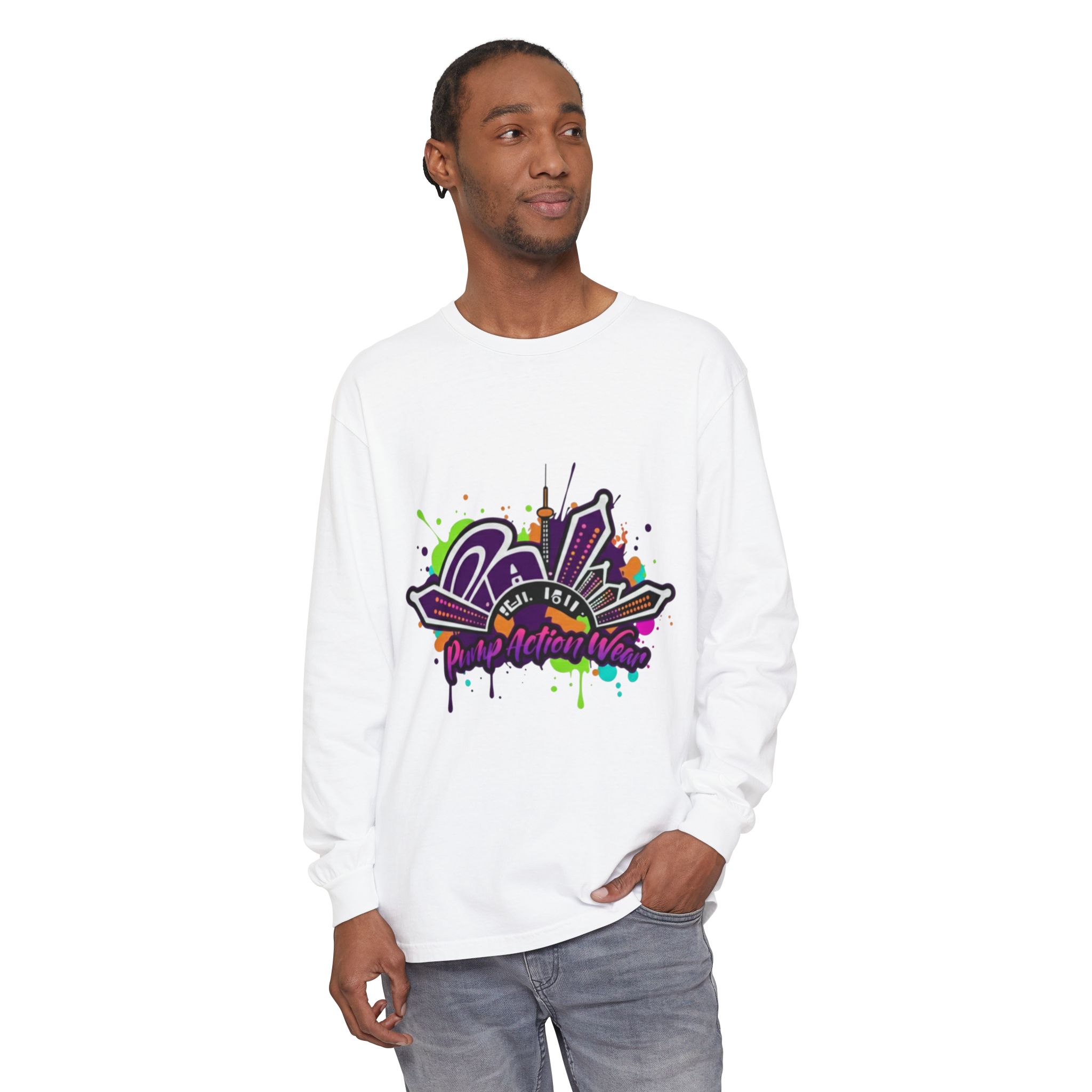 Long Sleeve T-Shirt — Colorful Urban Graffiti Skyline "One Day At A Time" - Image 3
