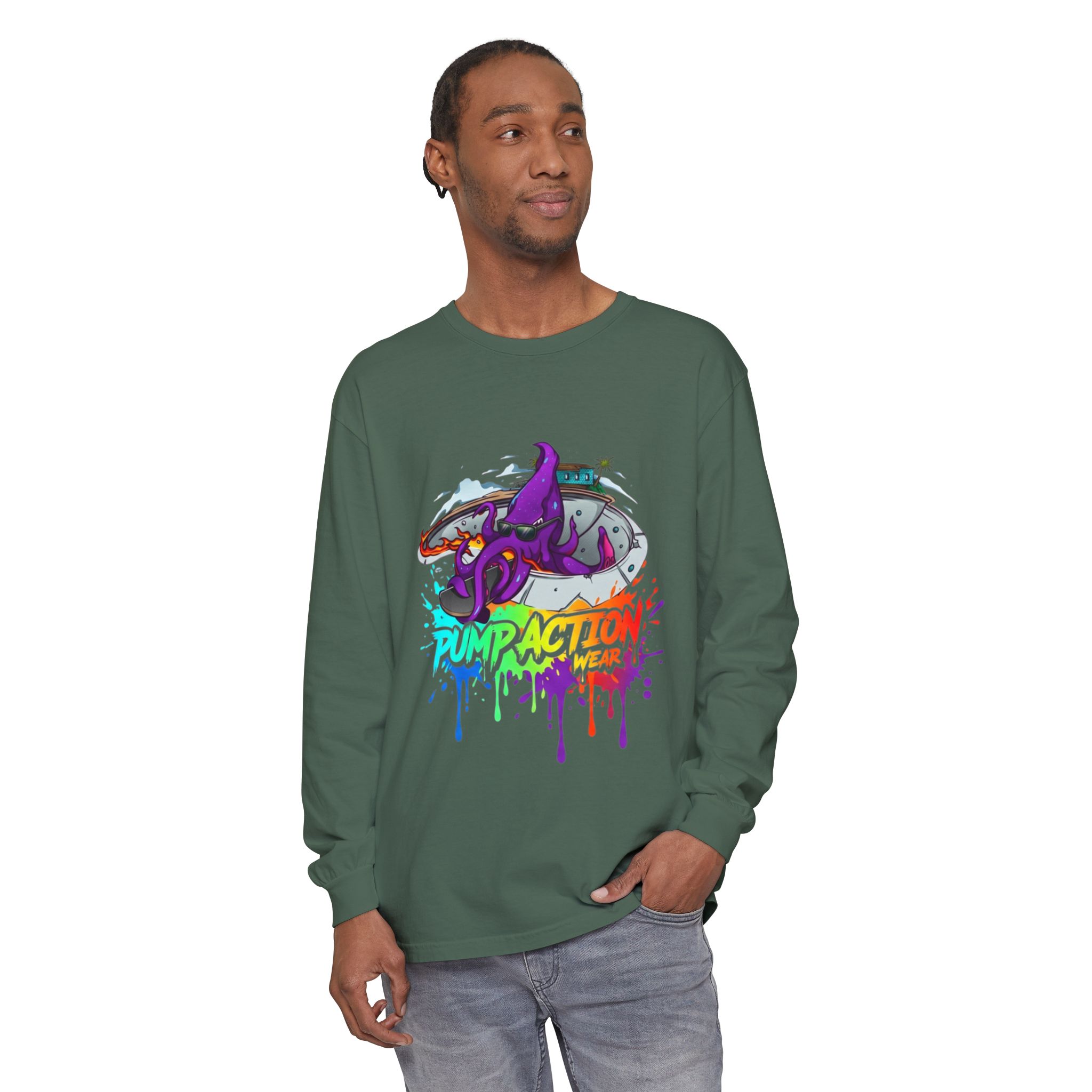 Long Sleeve T‑Shirt — 'Pump Action' Colorful Octopus Skate Graphic - Image 63