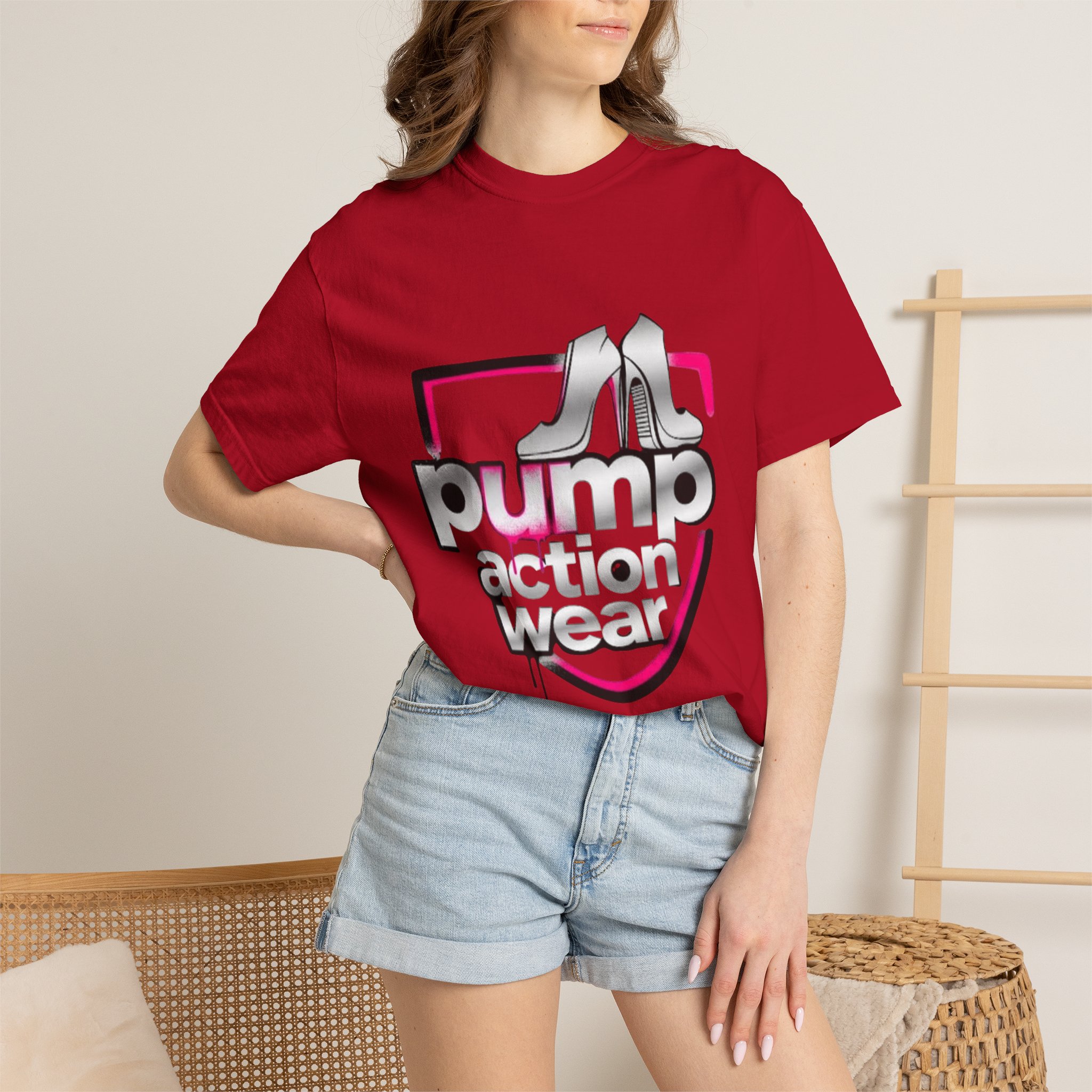 Pump Action Wear T-Shirt — Retro Metallic Heels Logo Tee - Image 56