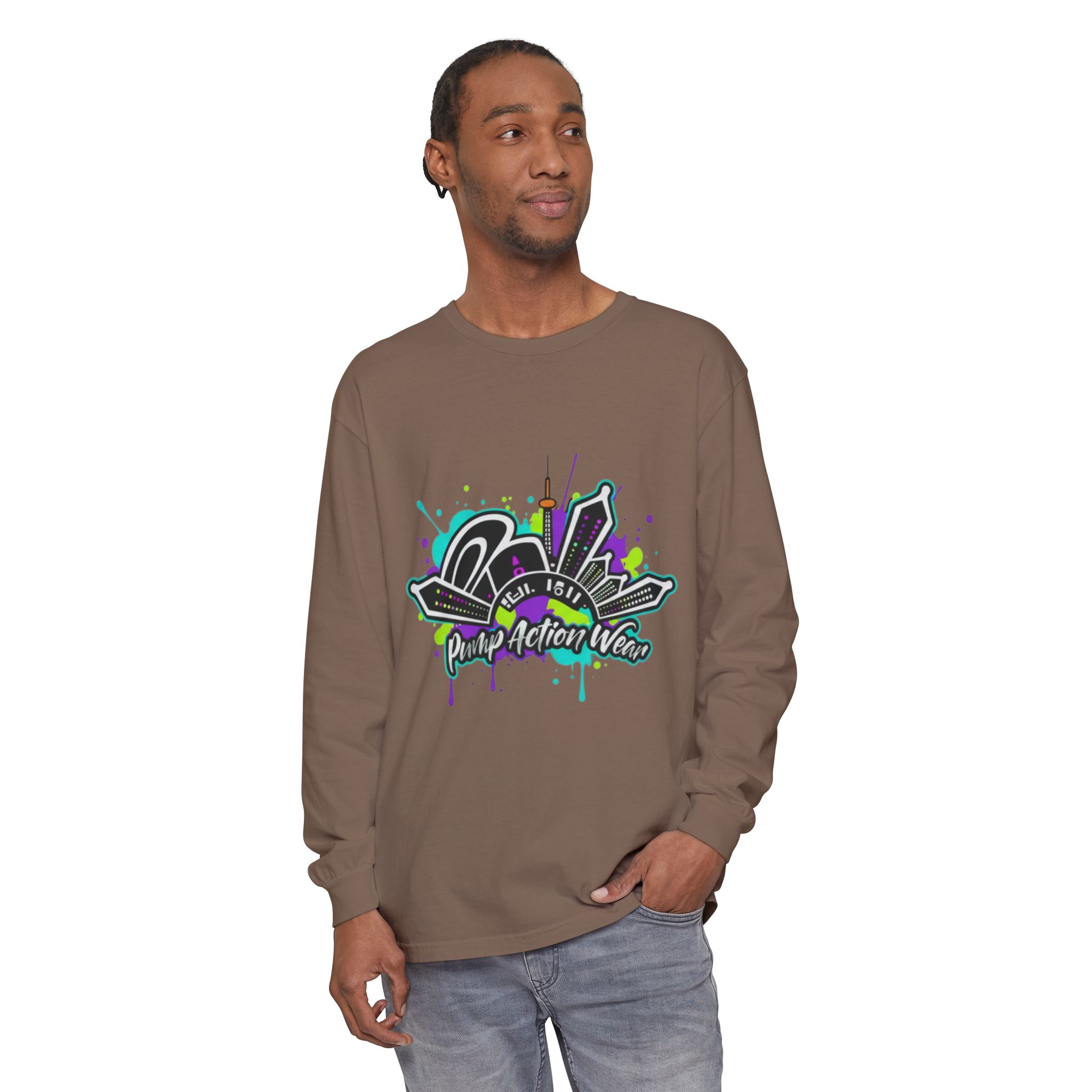 Graphic Long Sleeve T-Shirt — 'Pump Action Wear' Urban Graffiti City Design - Image 27