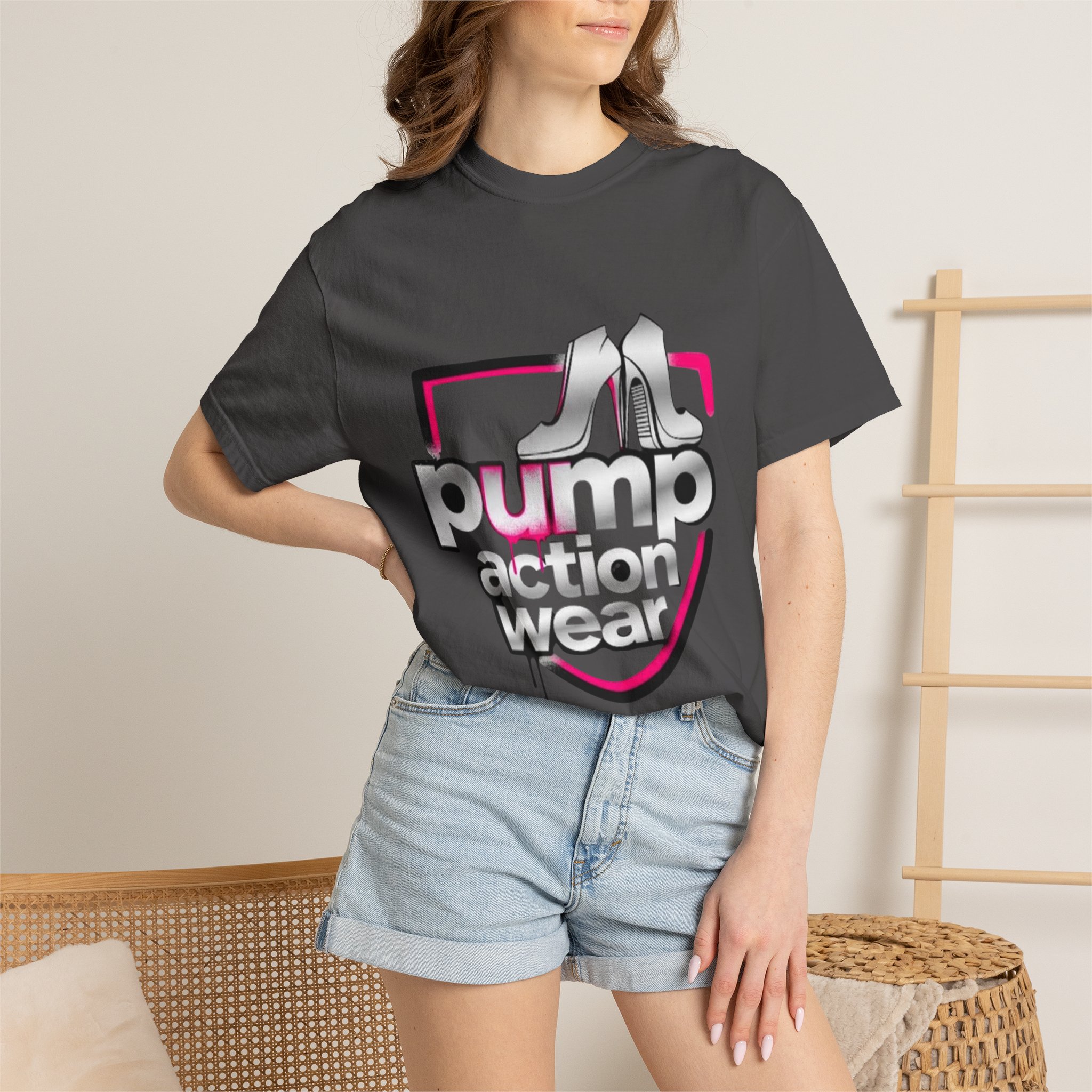Pump Action Wear T-Shirt — Retro Metallic Heels Logo Tee - Image 44