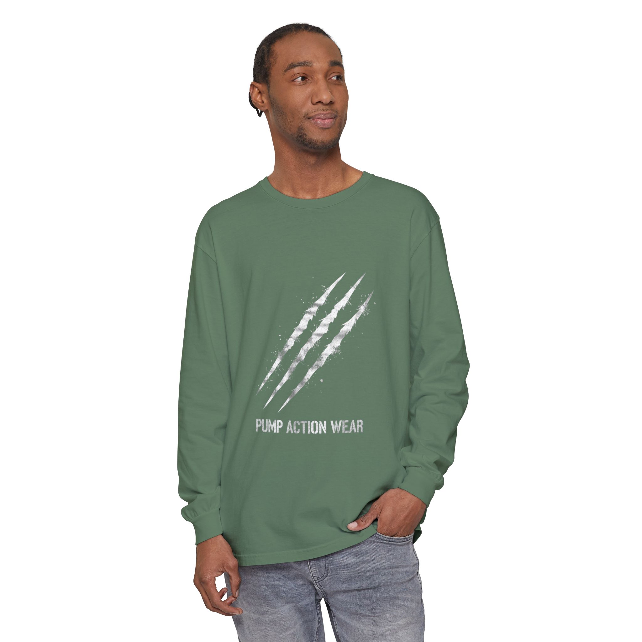 Garment-Dyed Long Sleeve Tee — 'Pure Action Wear' Distressed Claw Graphic - Image 47