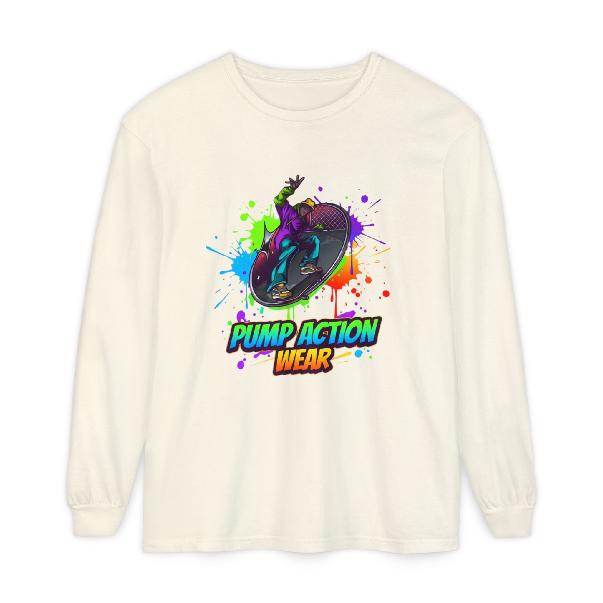 Long Sleeve T-Shirt — "Pump Action Wear" Paint-Splash Skate Graphic - Image 17
