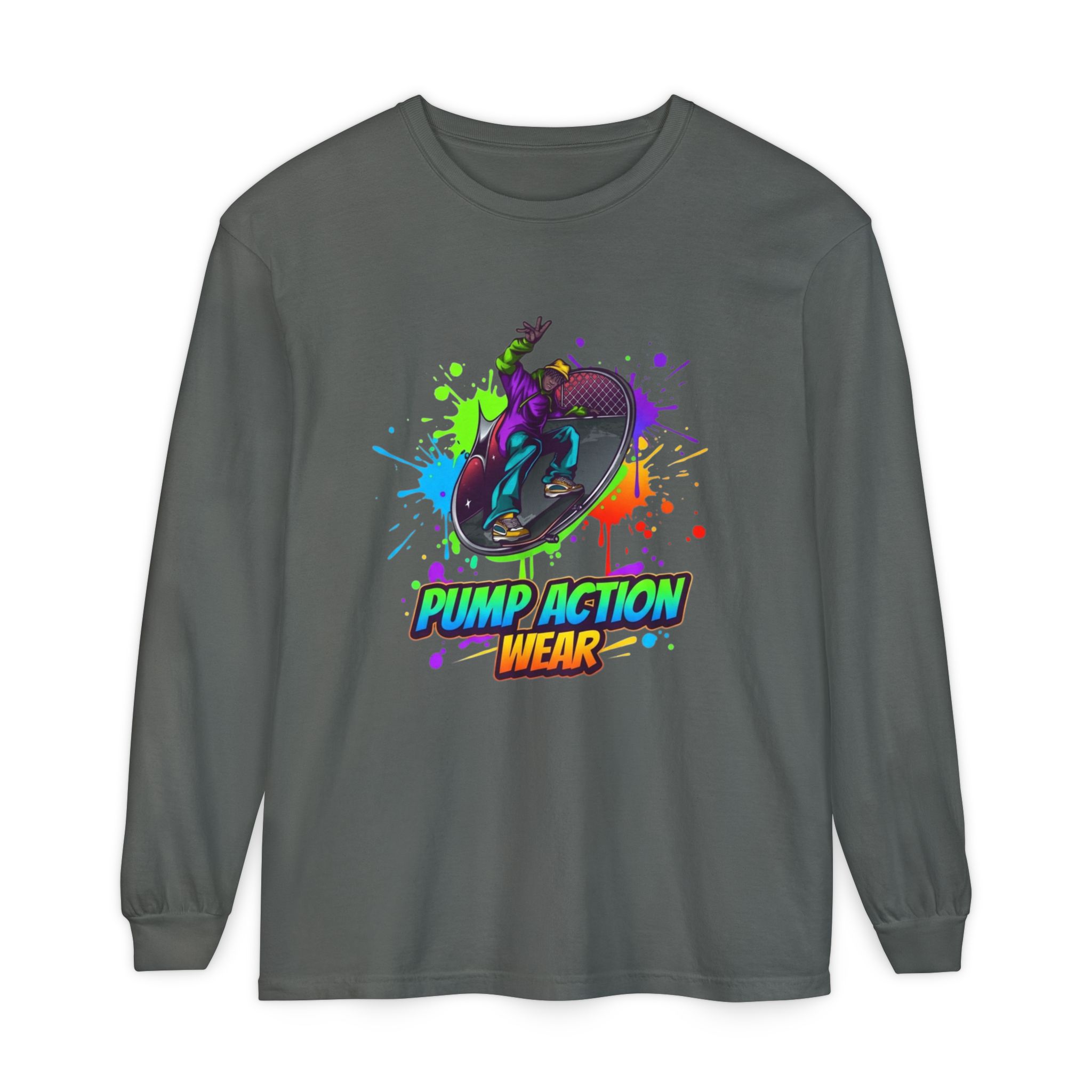 Long Sleeve T-Shirt — "Pump Action Wear" Paint-Splash Skate Graphic - Image 25