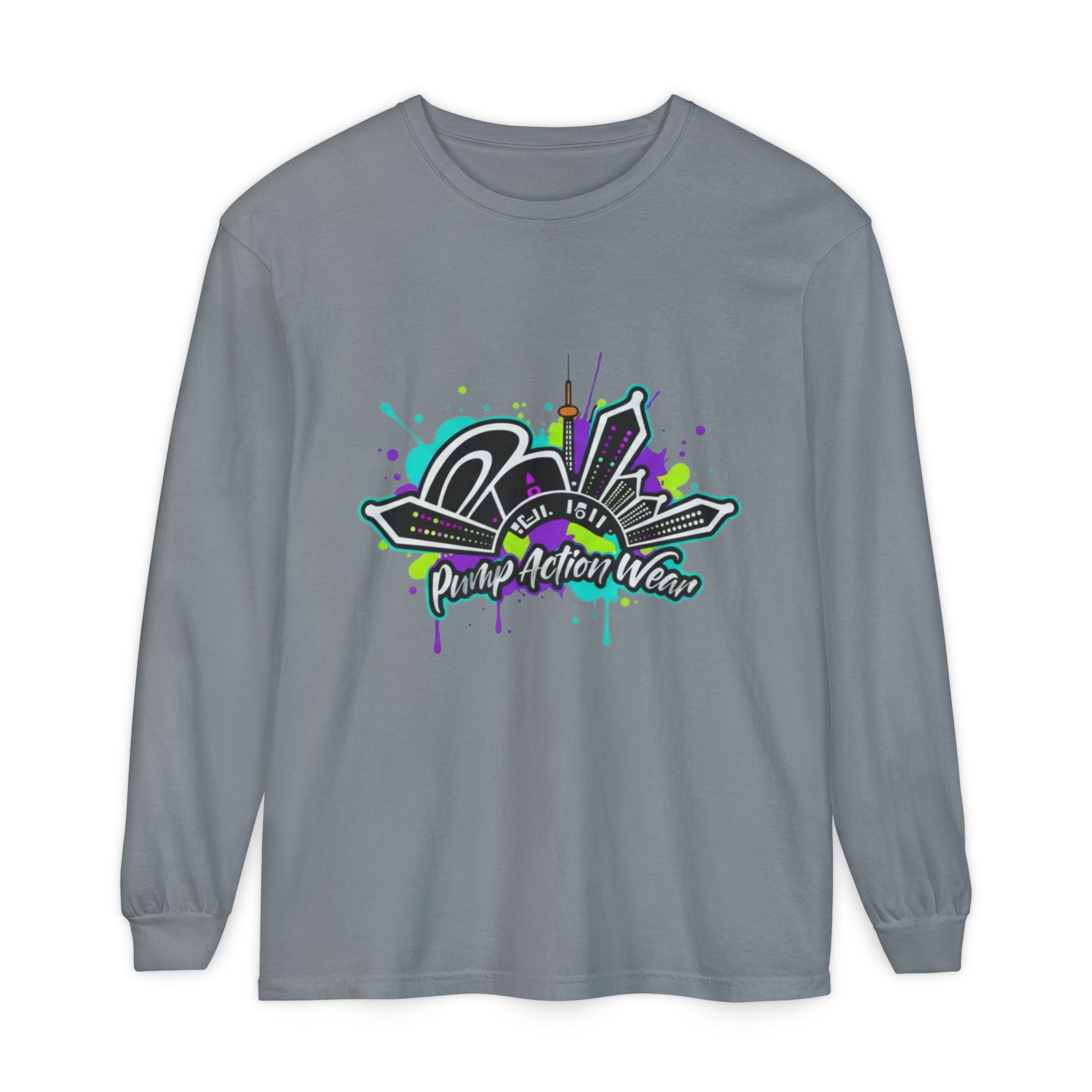 Graphic Long Sleeve T-Shirt — 'Pump Action Wear' Urban Graffiti City Design - Image 49