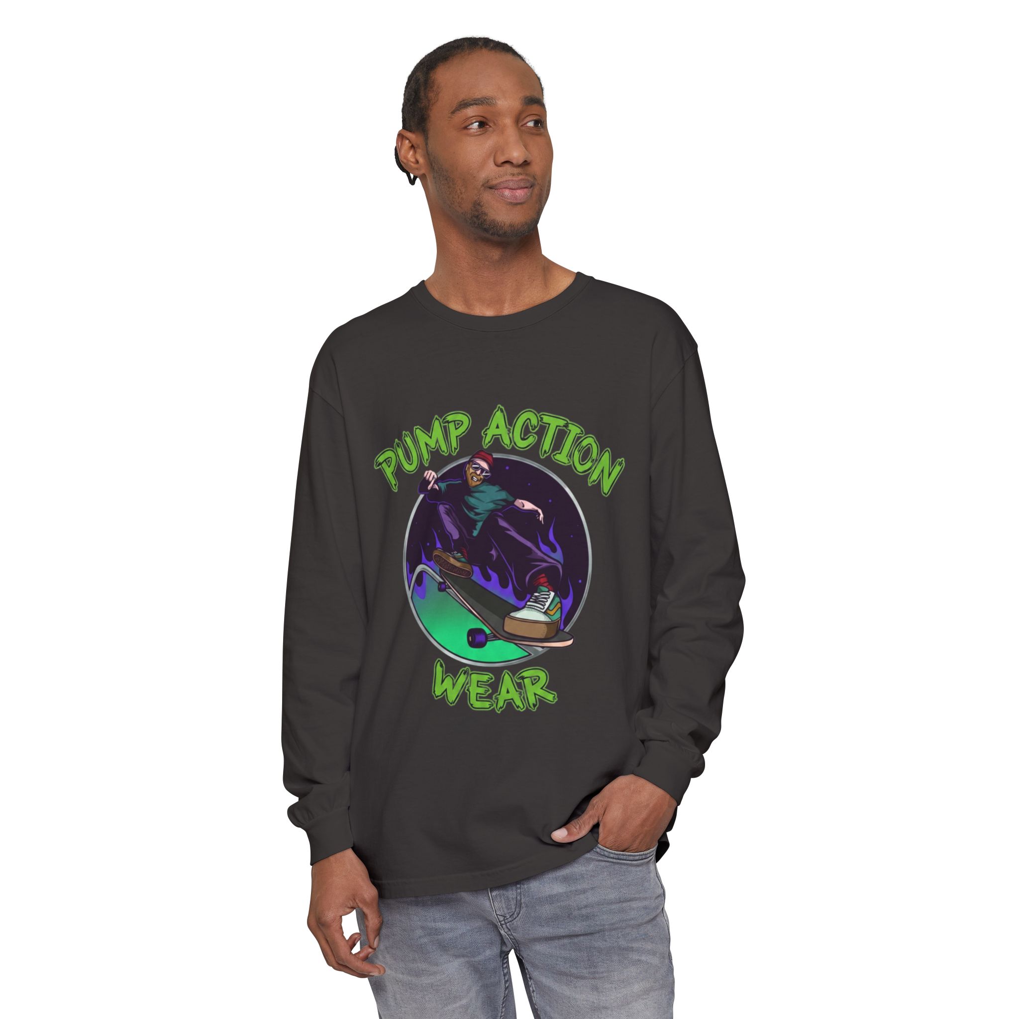 Skateboarder Graphic Long Sleeve Tee — "Pump Action Wear" - Image 55