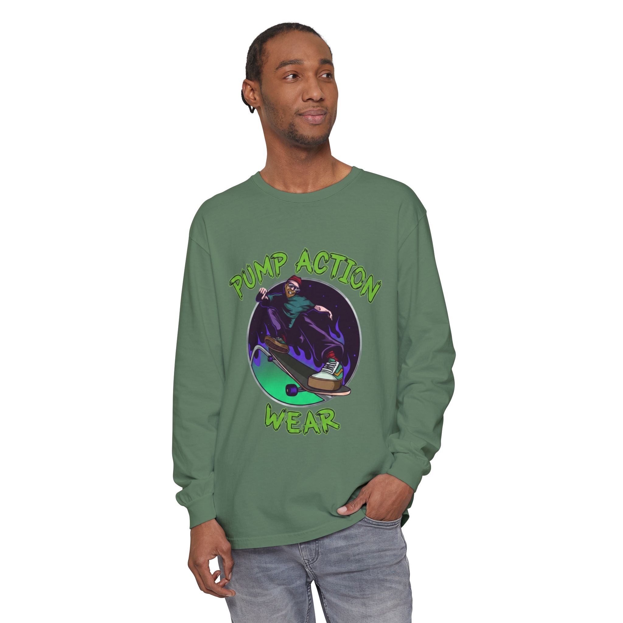 Skateboarder Graphic Long Sleeve Tee — "Pump Action Wear" - Image 47