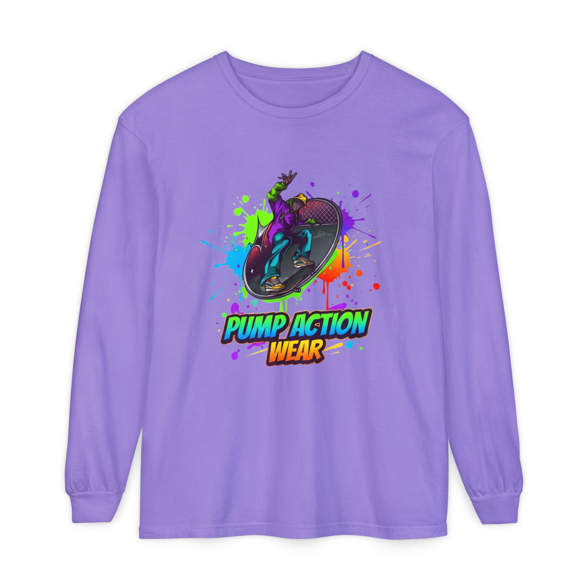 Long Sleeve T-Shirt — "Pump Action Wear" Paint-Splash Skate Graphic - Image 53
