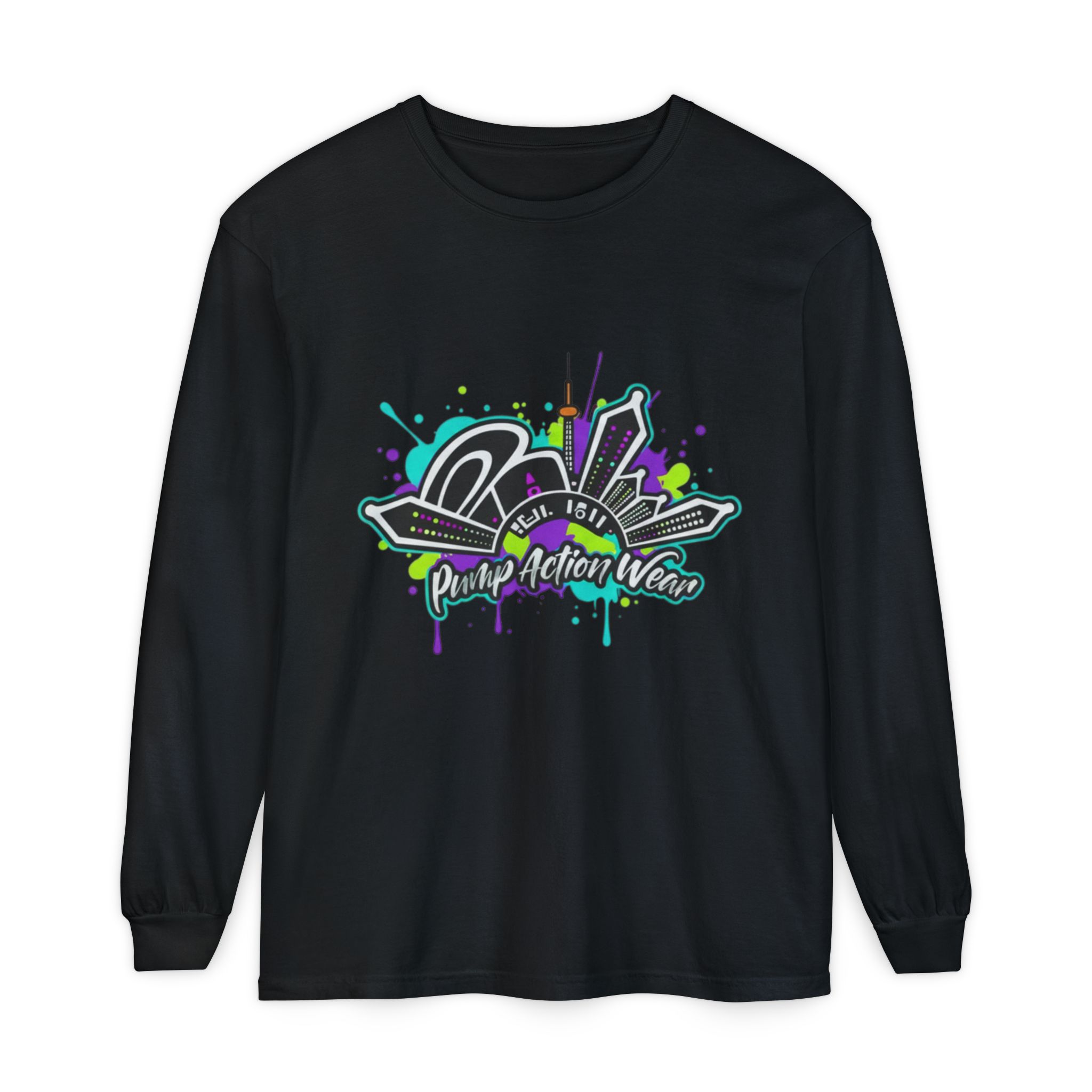 Graphic Long Sleeve T-Shirt — 'Pump Action Wear' Urban Graffiti City Design - Image 57