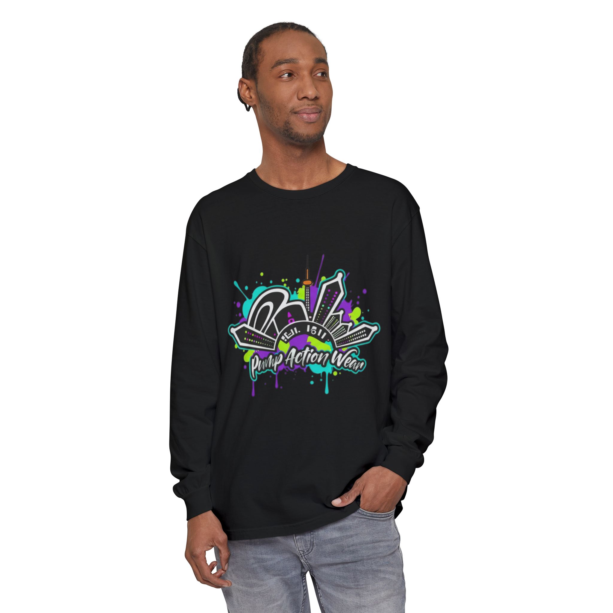 Graphic Long Sleeve T-Shirt — 'Pump Action Wear' Urban Graffiti City Design - Image 59