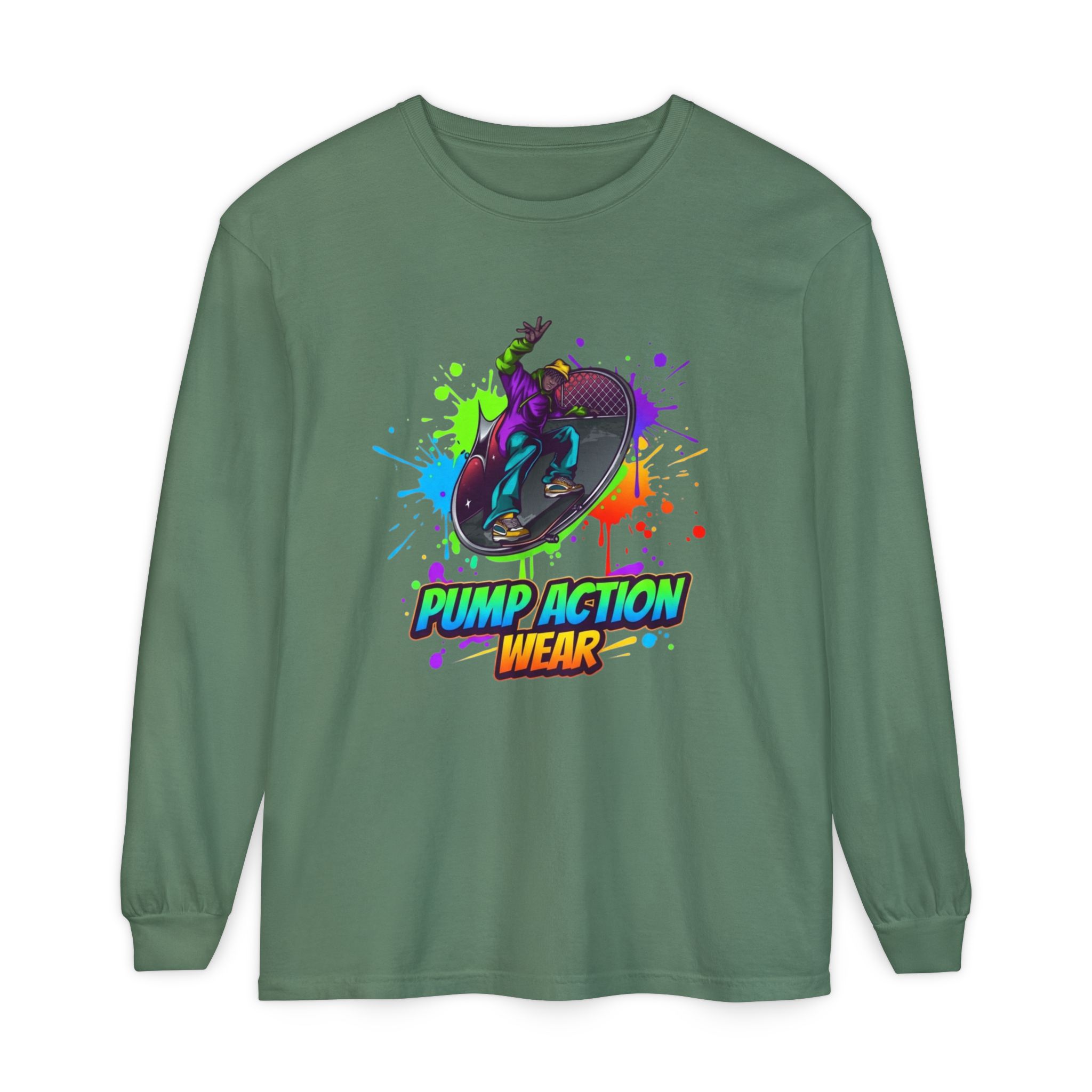 Long Sleeve T-Shirt — "Pump Action Wear" Paint-Splash Skate Graphic - Image 37