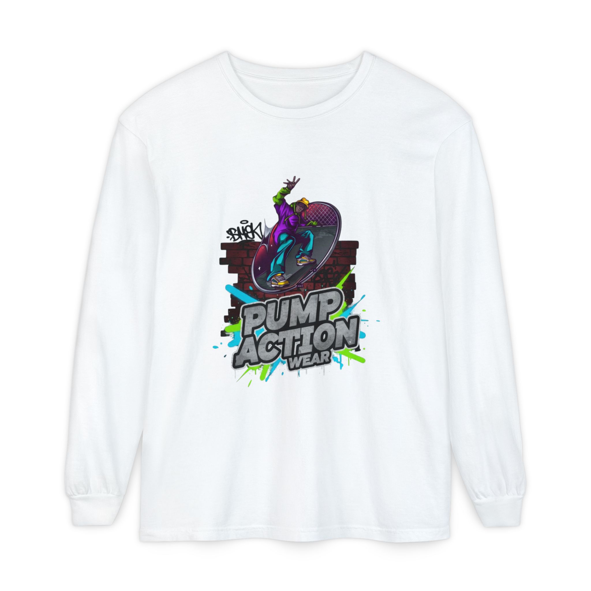 Pump Action Skateboard Long Sleeve Tee — Neon Skate Graphic