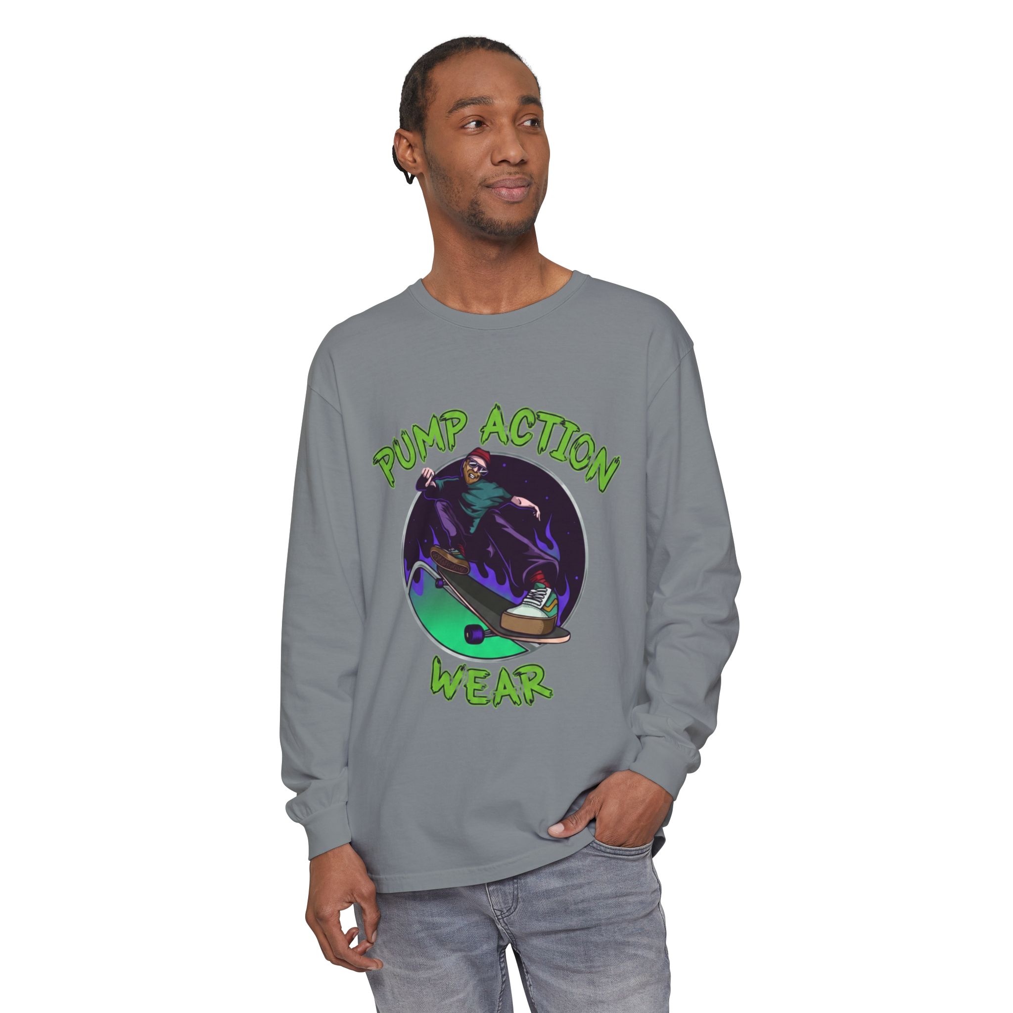 Skateboarder Graphic Long Sleeve Tee — "Pump Action Wear" - Image 51