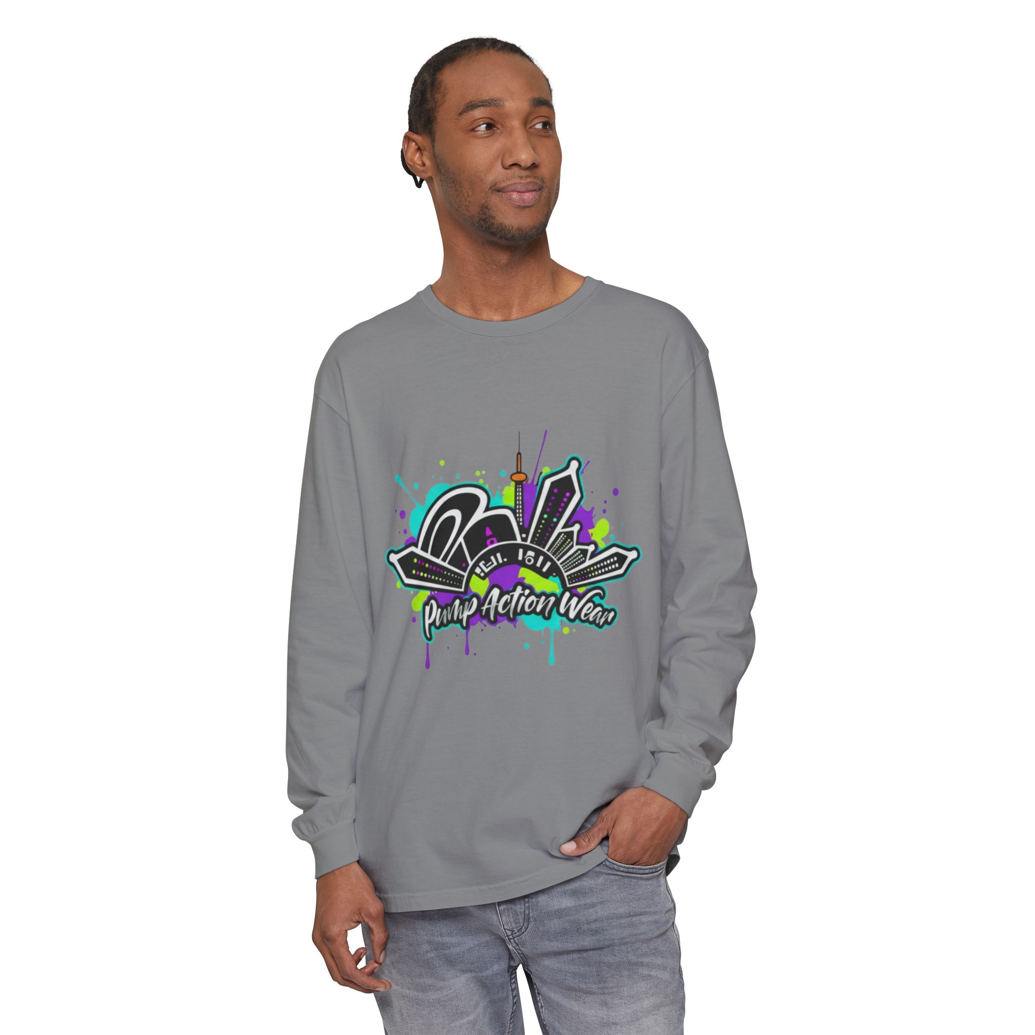 Graphic Long Sleeve T-Shirt — 'Pump Action Wear' Urban Graffiti City Design - Image 39