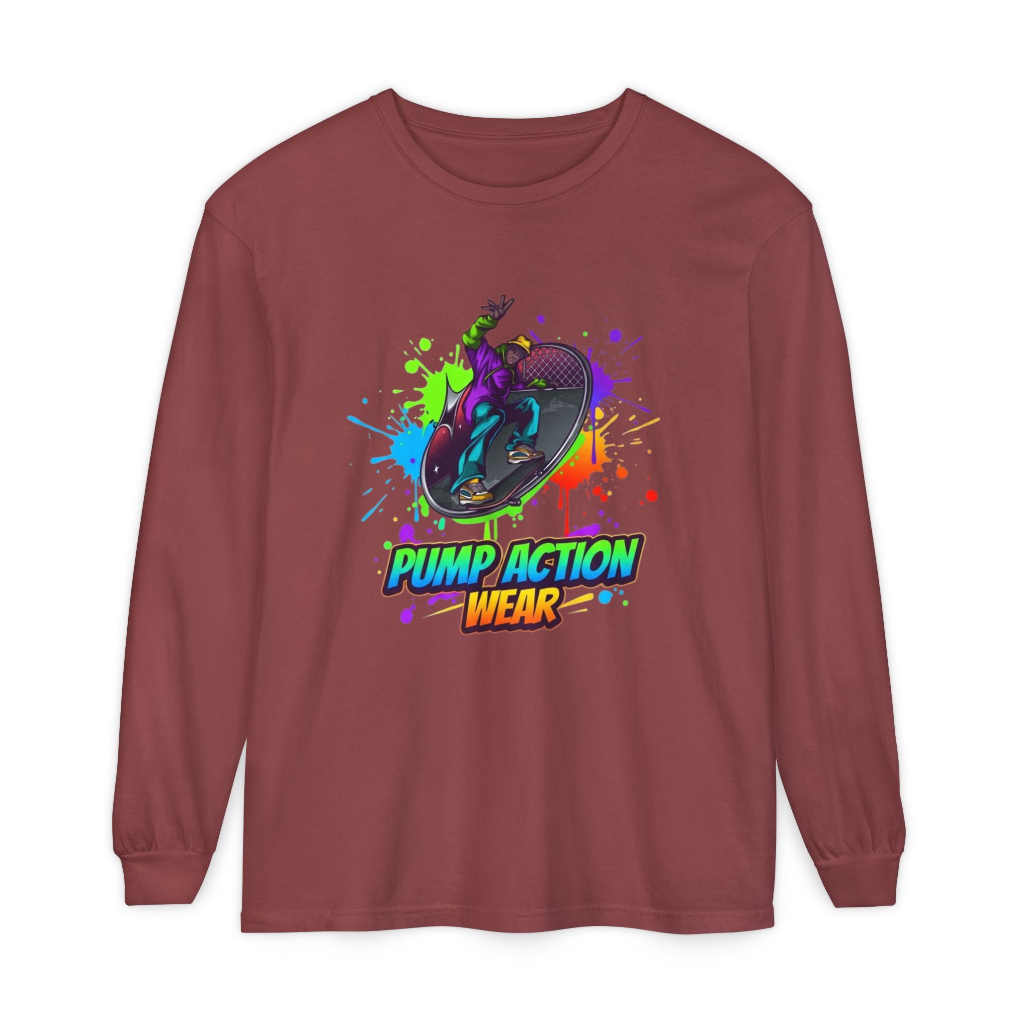 Long Sleeve T-Shirt — "Pump Action Wear" Paint-Splash Skate Graphic - Image 13