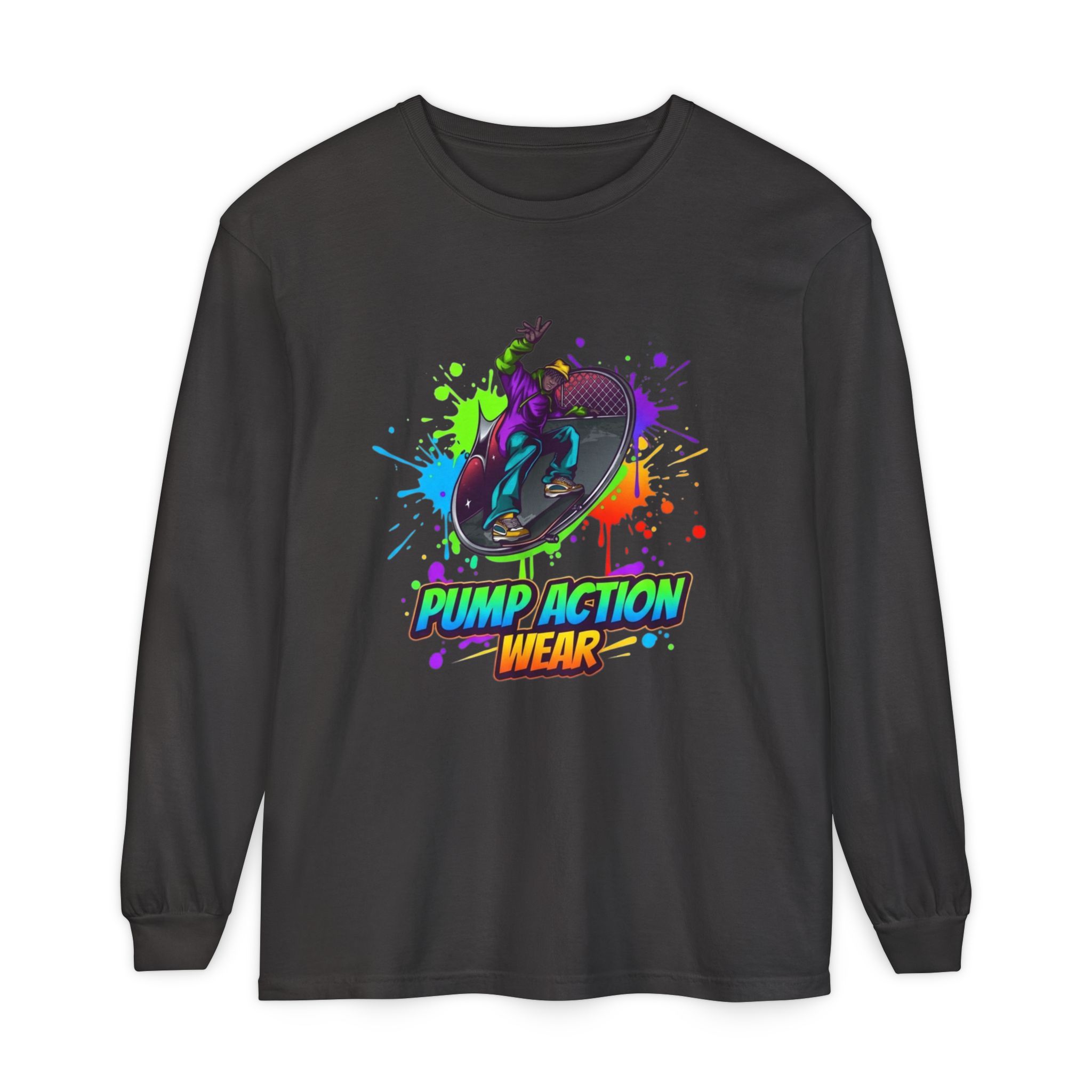 Long Sleeve T-Shirt — "Pump Action Wear" Paint-Splash Skate Graphic - Image 45
