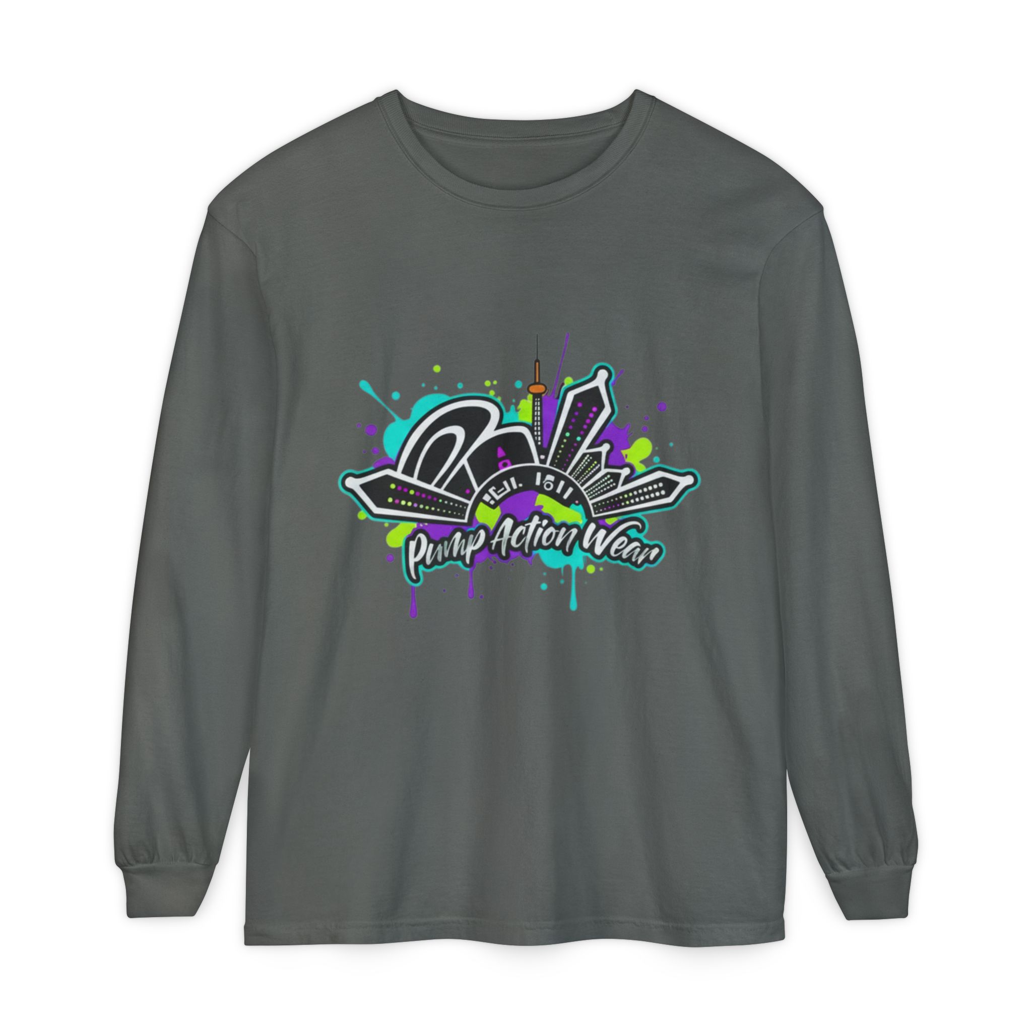 Graphic Long Sleeve T-Shirt — 'Pump Action Wear' Urban Graffiti City Design - Image 33