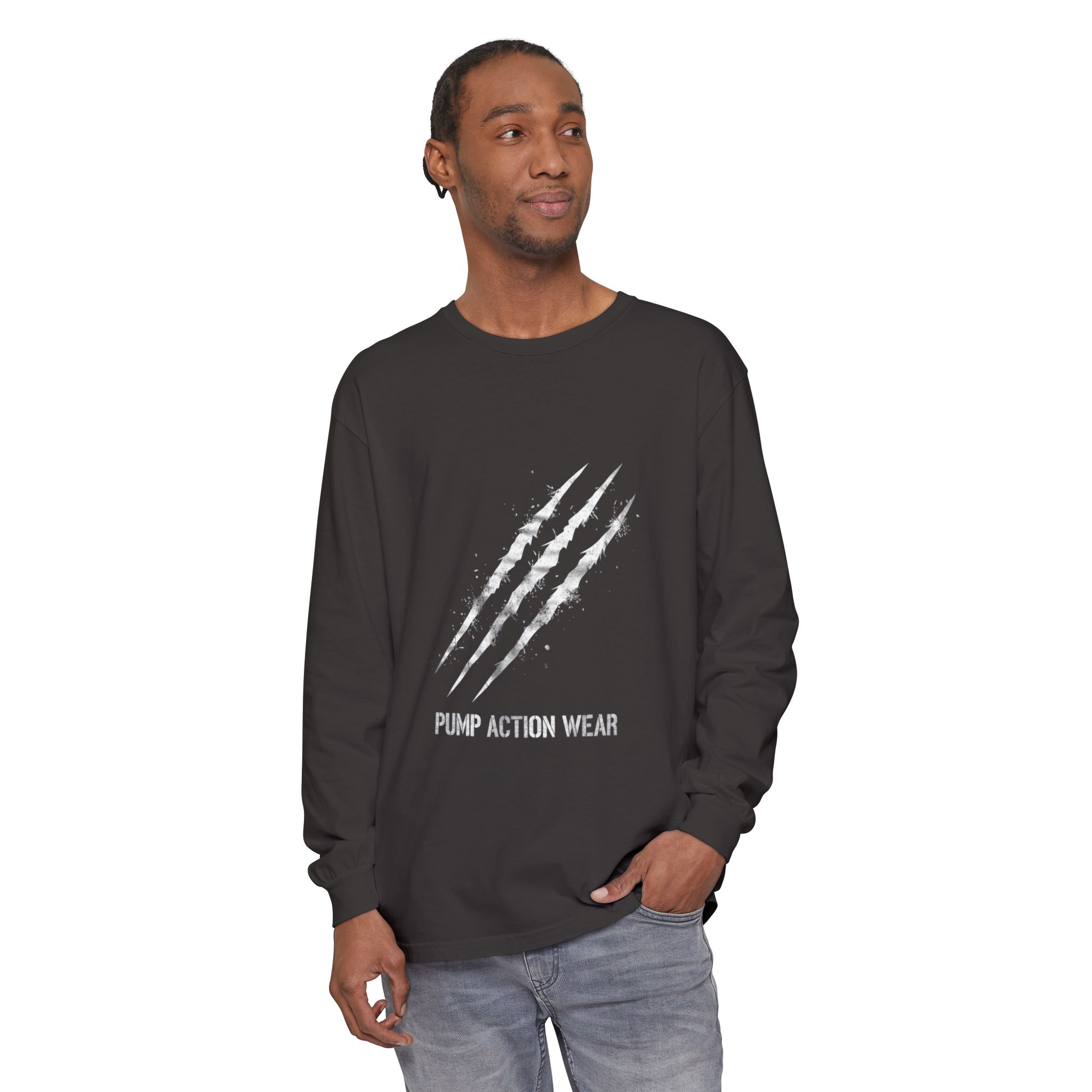 Garment-Dyed Long Sleeve Tee — 'Pure Action Wear' Distressed Claw Graphic - Image 55