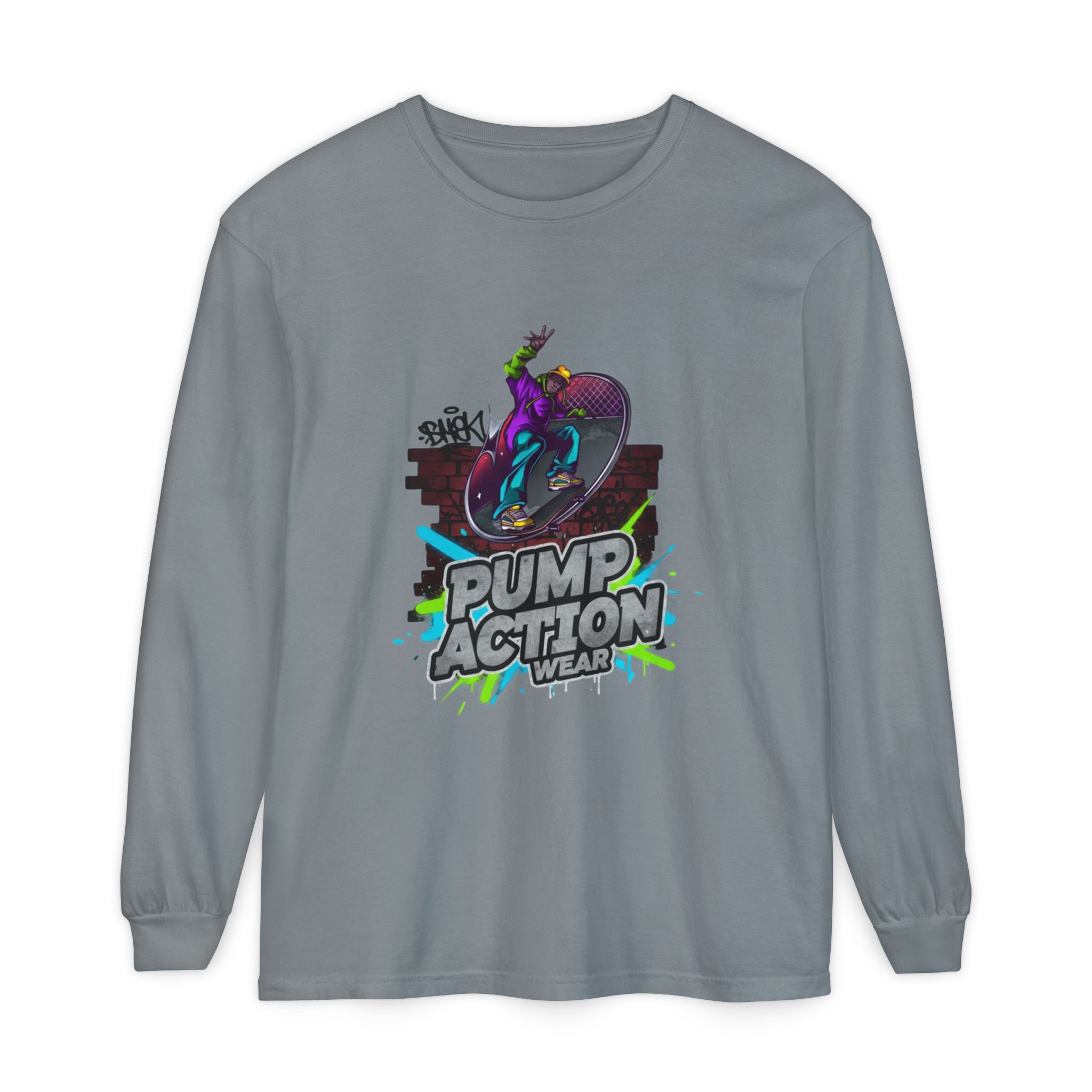 Pump Action Skateboard Long Sleeve Tee — Neon Skate Graphic - Image 53