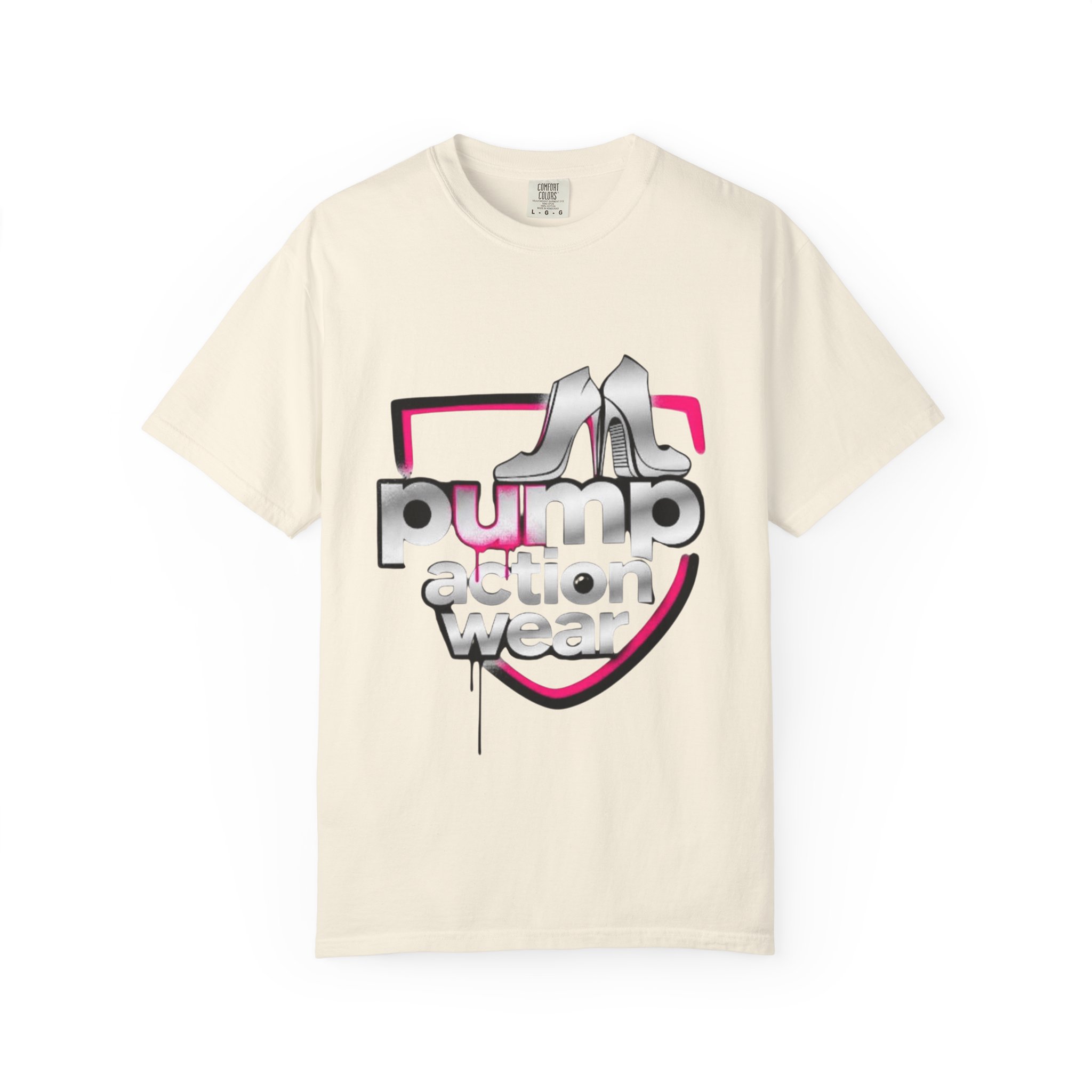 Pump Action Wear T-Shirt — Retro Metallic Heels Logo Tee - Image 9
