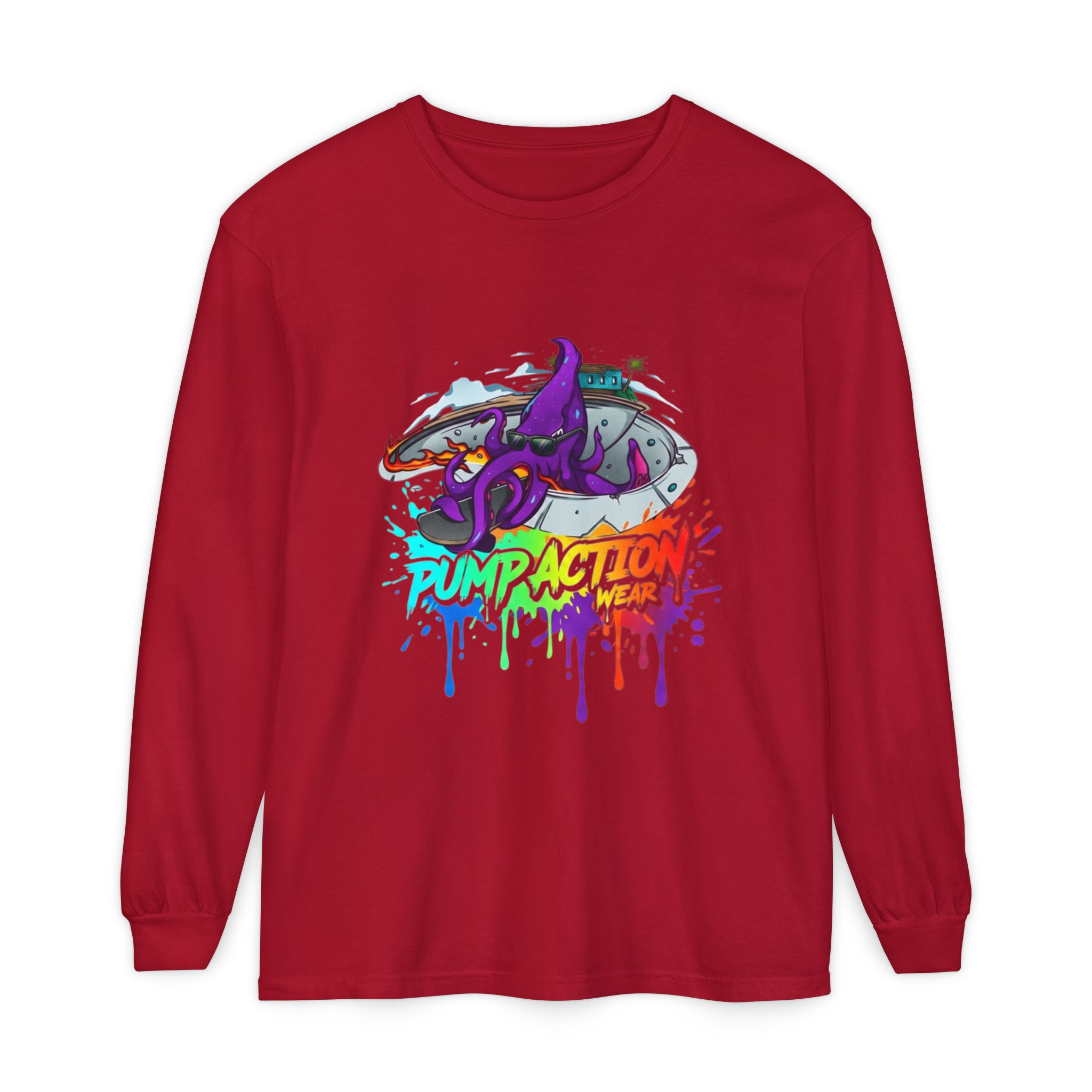 Long Sleeve T‑Shirt — 'Pump Action' Colorful Octopus Skate Graphic - Image 57